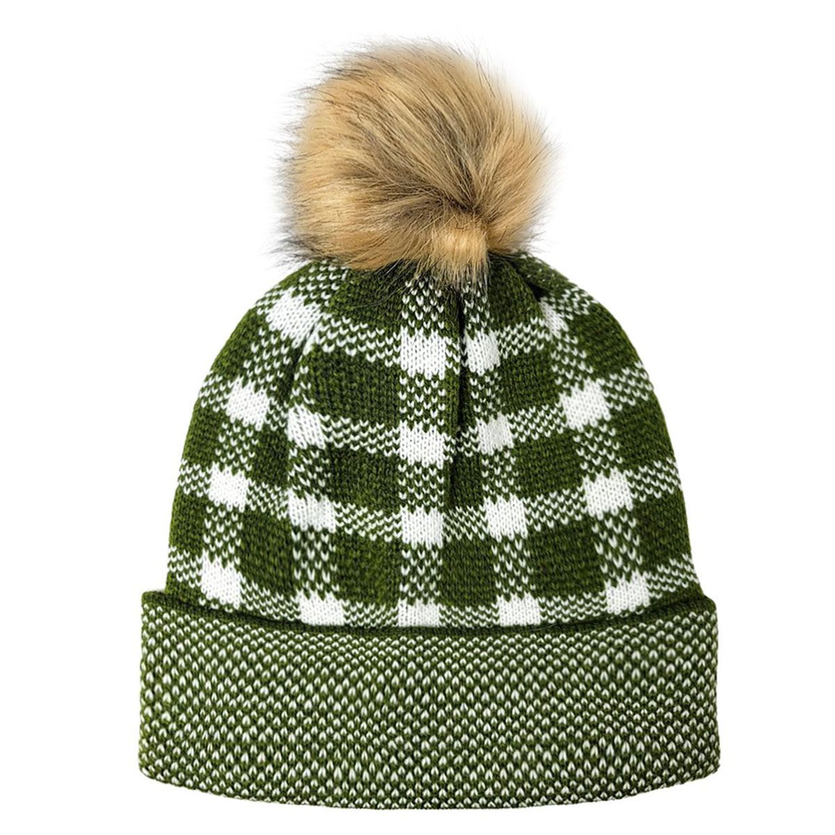 Fashion Pom Knit Toque - Olive & Black Plaid Pattern Olive OSFA