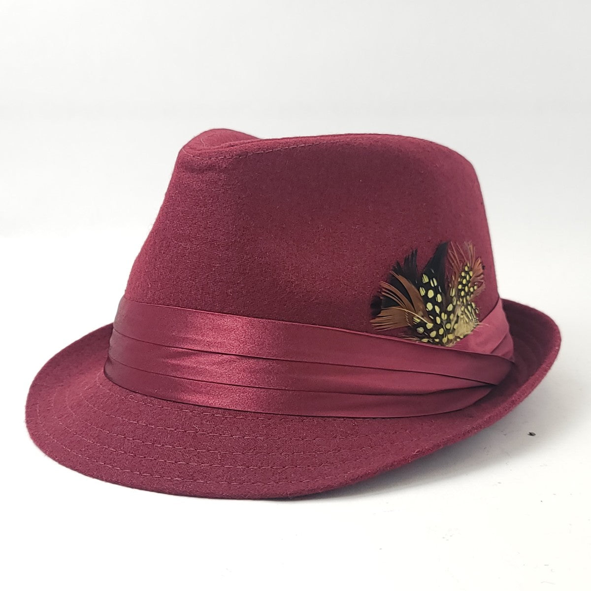 Fedora Hat - Wool Blended with Feather, Multi-Coloured, S/M & L/XL Burgundy Fashion Hat