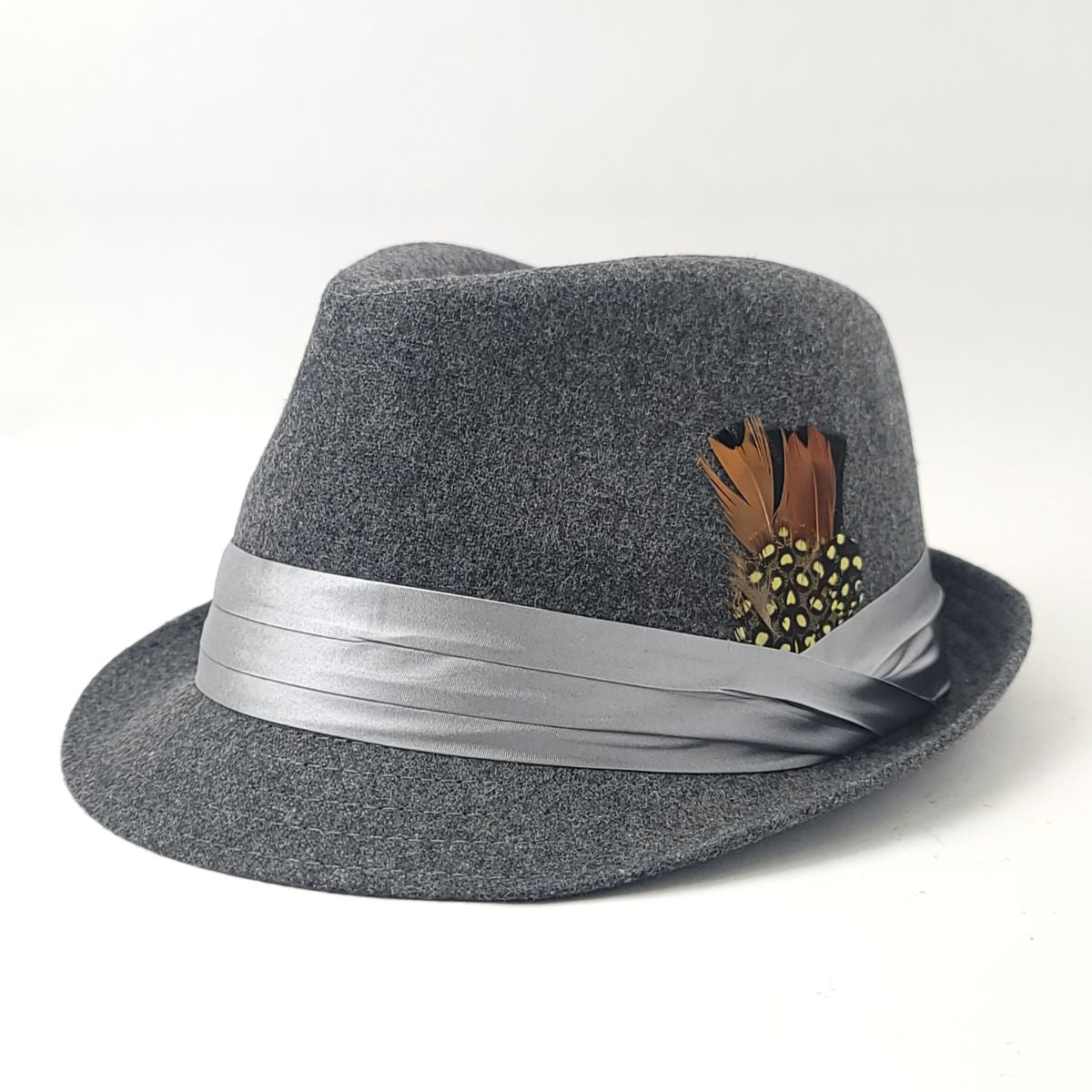 Fedora Hat - Wool Blended with Feather, Multi-Coloured, S/M & L/XL Dark Grey Fashion Hat