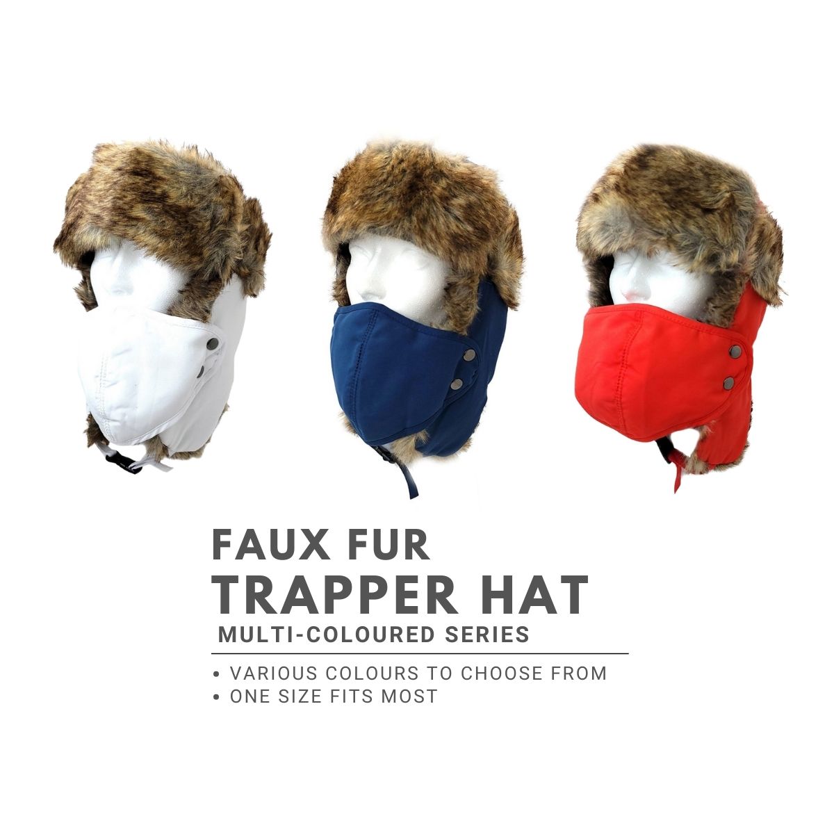 Trapper Hat-Faux Animal Fur with Detachable Mask - Multi-Coloured Dozen Special Mix&Match