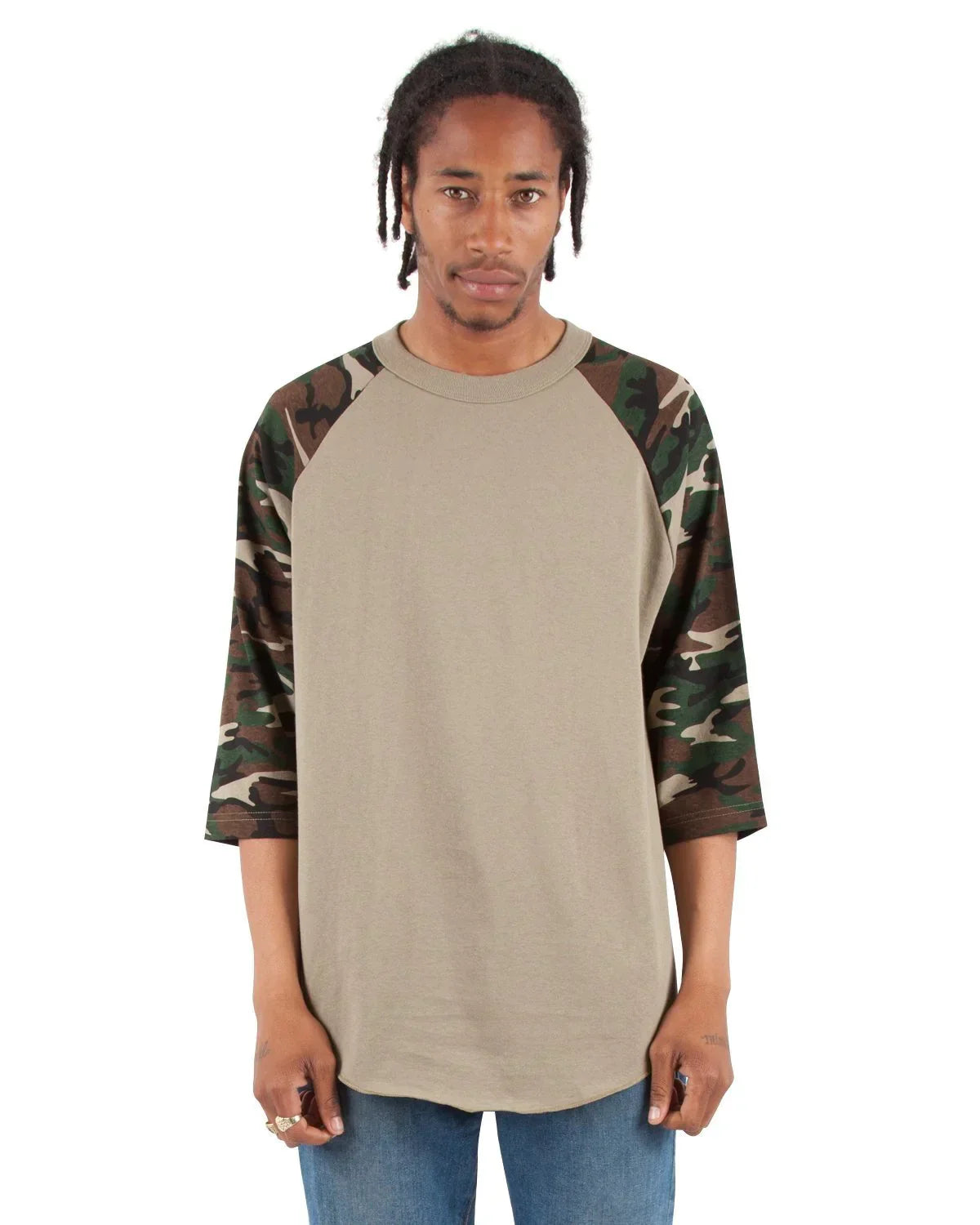 Raglan - 6 oz Olive Camo Green 3/4 SLEEVES COTTON LONGSLEEVES MEN MIDWEIGHT RAGLAN Shaka Wear shsdchildproduct SLIGHT OVERSIZED
