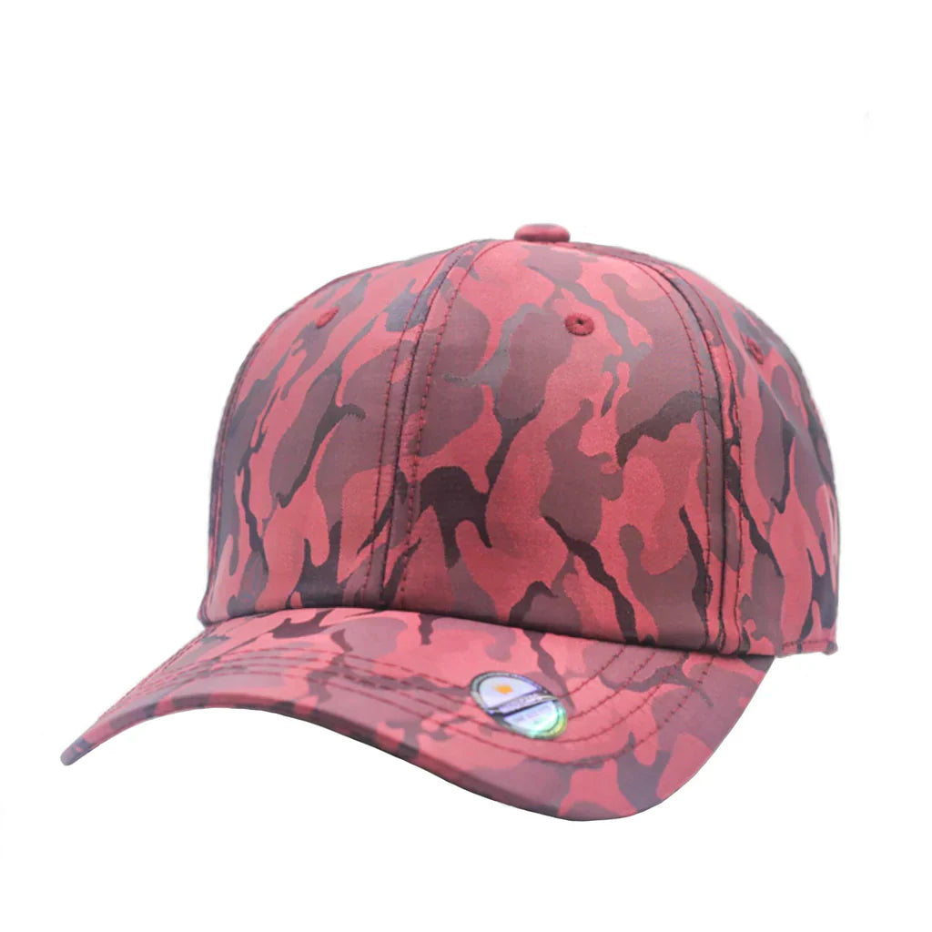 GN-1017 - Satin Camo Cap Wine One Size 6 PANELS ADJUSTABLE BUCKLE BRASS BUCKLE CURVE mid profile nissi caps POLYESTER STRUCTURED UNISEX