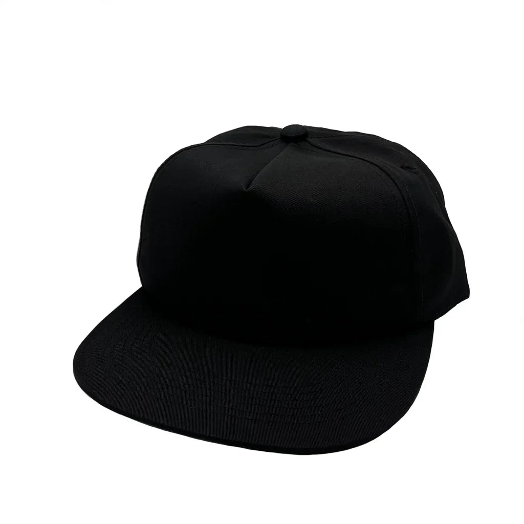 GNV-011 - CVC 5 Panels Unstructured Flat Bill Cap Black One Size 5 PANELS 5 PANELS - UNSTRUCTURED COTTON / POLYESTER FLAT low profile nissi caps SNAPBACK UNISEX UNSTRUCTURED