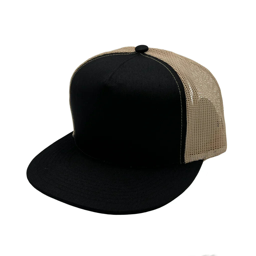 GNV-017M - 5 Panels Round Flat Bill Mesh Snapback Cap Black Khaki One Size 5 PANELS COTTON / POLYESTER FLAT HIGH PROFILE MESH nissi caps SNAPBACK STRUCTURED UNISEX