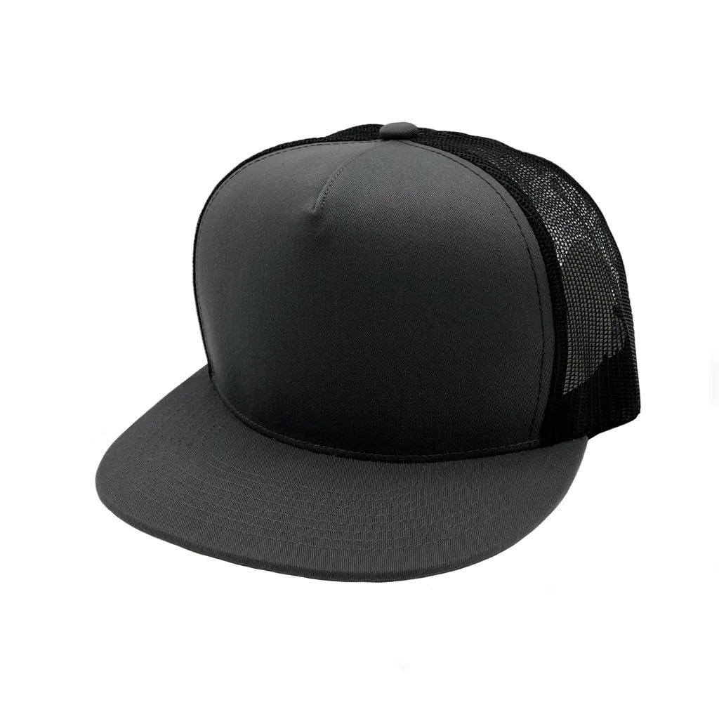 GNV-017M - 5 Panels Round Flat Bill Mesh Snapback Cap Dark Grey Black One Size 5 PANELS COTTON / POLYESTER FLAT HIGH PROFILE MESH nissi caps SNAPBACK STRUCTURED UNISEX