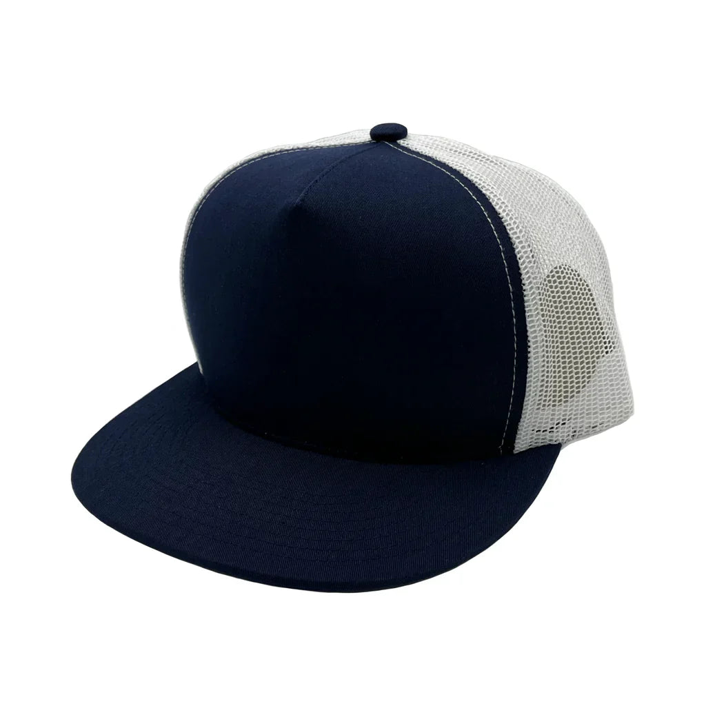 GNV-017M - 5 Panels Round Flat Bill Mesh Snapback Cap Navy White One Size 5 PANELS COTTON / POLYESTER FLAT HIGH PROFILE MESH nissi caps SNAPBACK STRUCTURED UNISEX