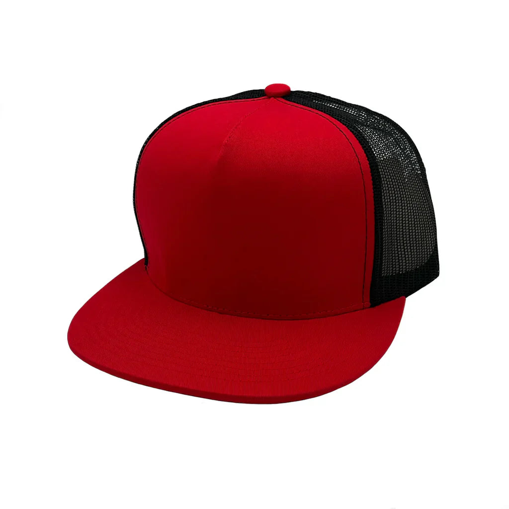 GNV-017M - 5 Panels Round Flat Bill Mesh Snapback Cap Red Black One Size 5 PANELS COTTON / POLYESTER FLAT HIGH PROFILE MESH nissi caps SNAPBACK STRUCTURED UNISEX