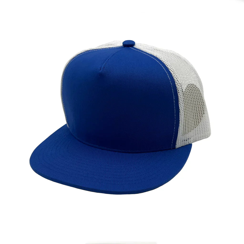GNV-017M - 5 Panels Round Flat Bill Mesh Snapback Cap White Royal One Size 5 PANELS COTTON / POLYESTER FLAT HIGH PROFILE MESH nissi caps SNAPBACK STRUCTURED UNISEX
