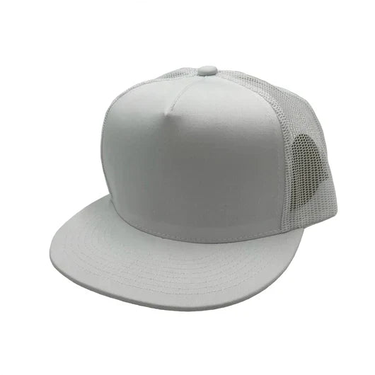 GNV-017M - 5 Panels Round Flat Bill Mesh Snapback Cap White White One Size 5 PANELS COTTON / POLYESTER FLAT HIGH PROFILE MESH nissi caps SNAPBACK STRUCTURED UNISEX