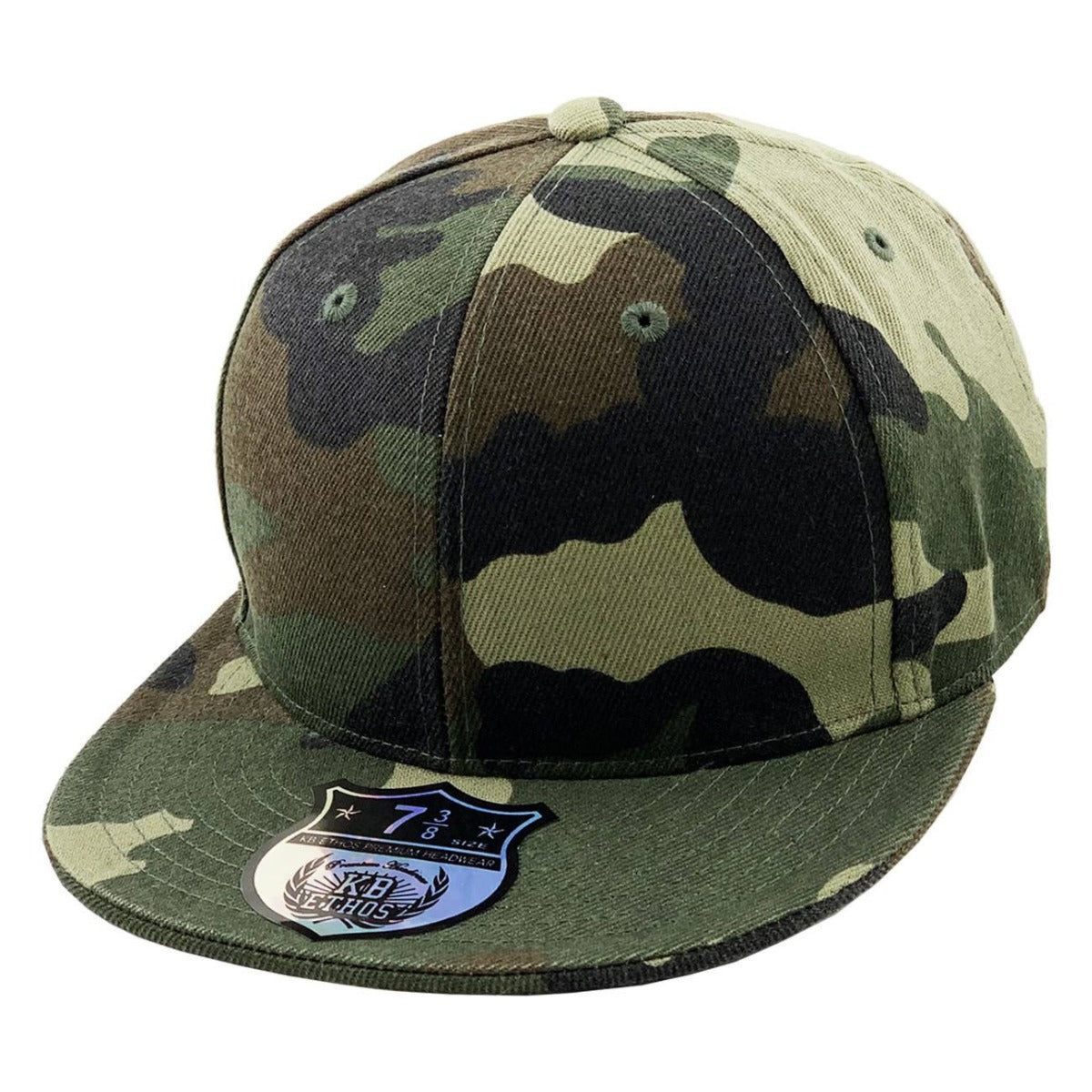 Fitted Flat Bill Cap - Green Camo, Various Sizes Plain Cap