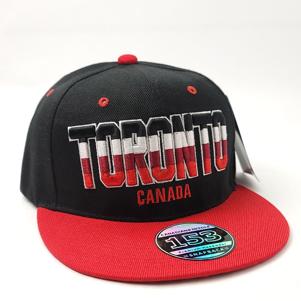 Capitalized "TORONTO" Banner Flat Bill Cap - Multi-Coloured, Adjustable Black & Red 2 Tone OSFA Logo Cap Logo Snapback Toronto Toronto Cap
