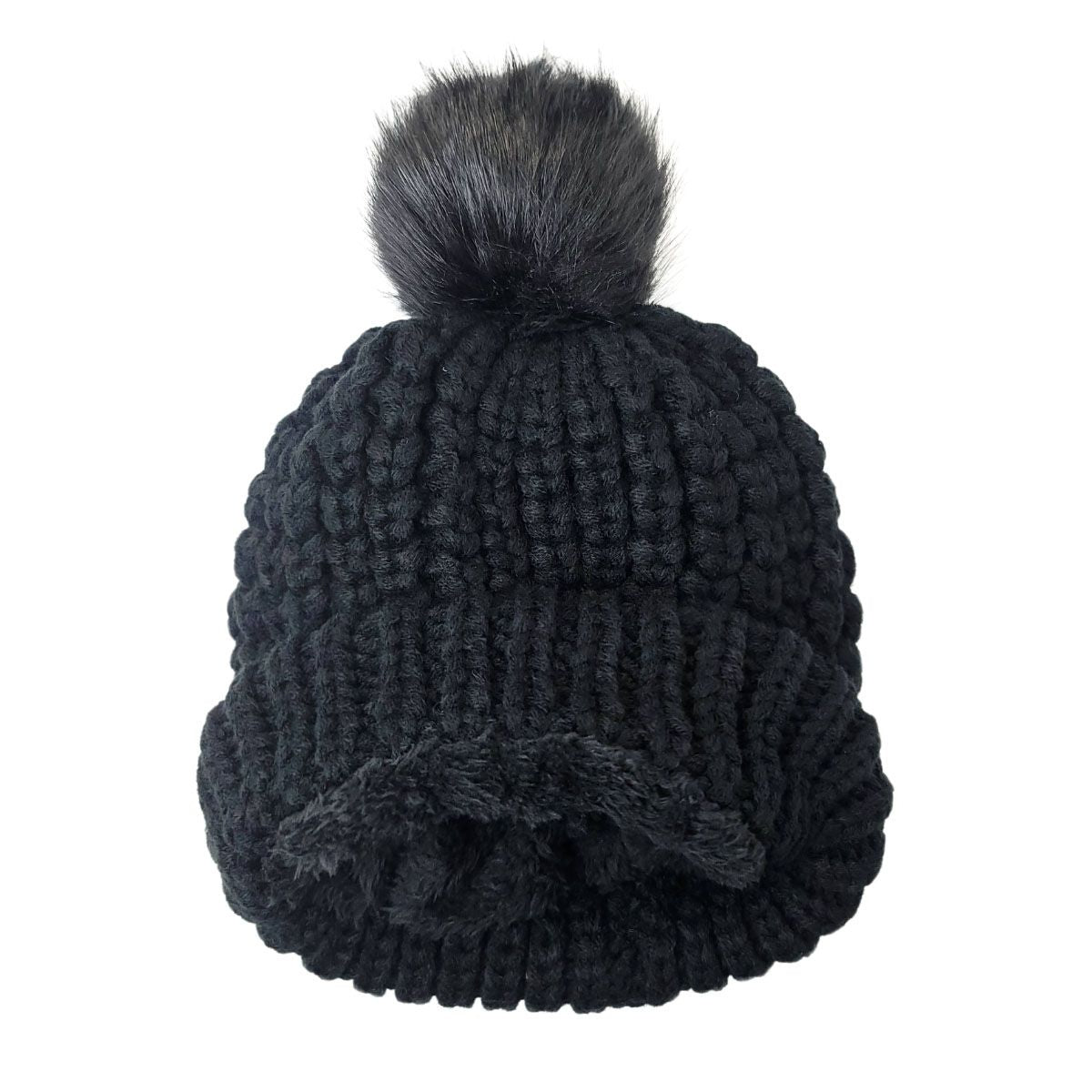 Ribbed Pom Toque - Fur Lining, Black