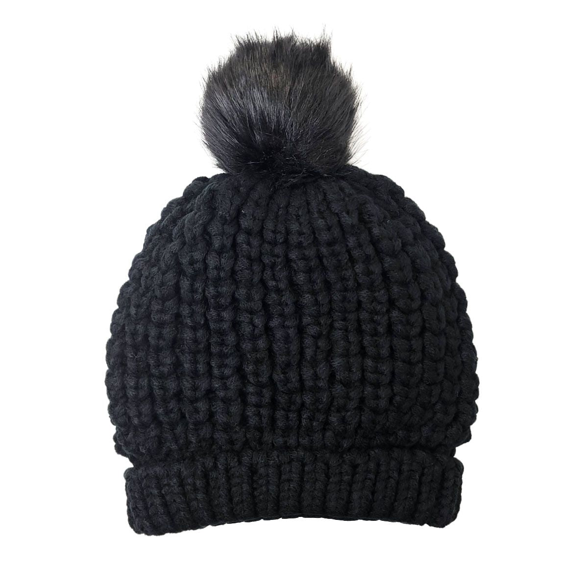 Ribbed Pom Toque - Fur Lining, Black