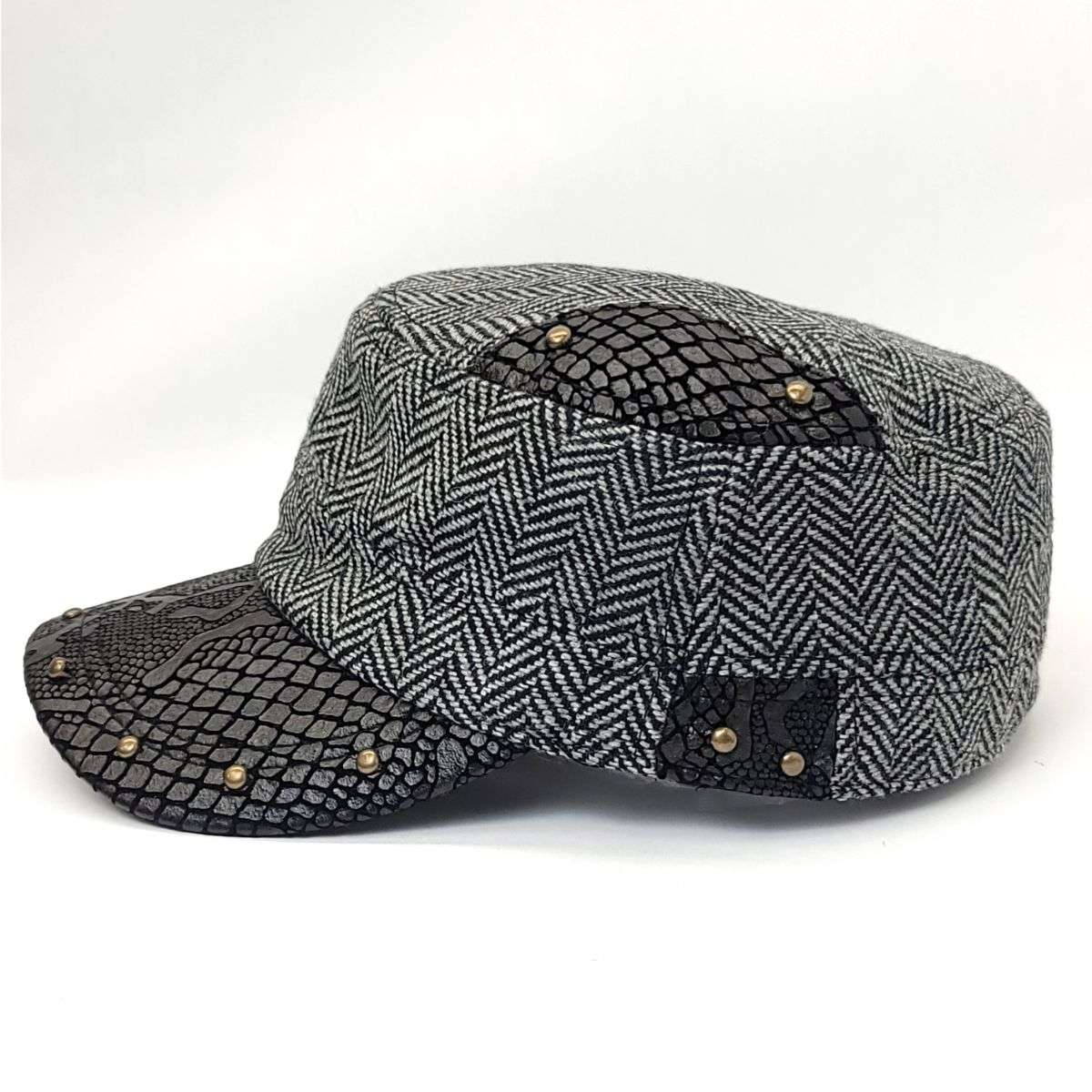 Cadet Cap - Herringbone, PU Leather Visor, BS3889, Black & Brown Military Cap