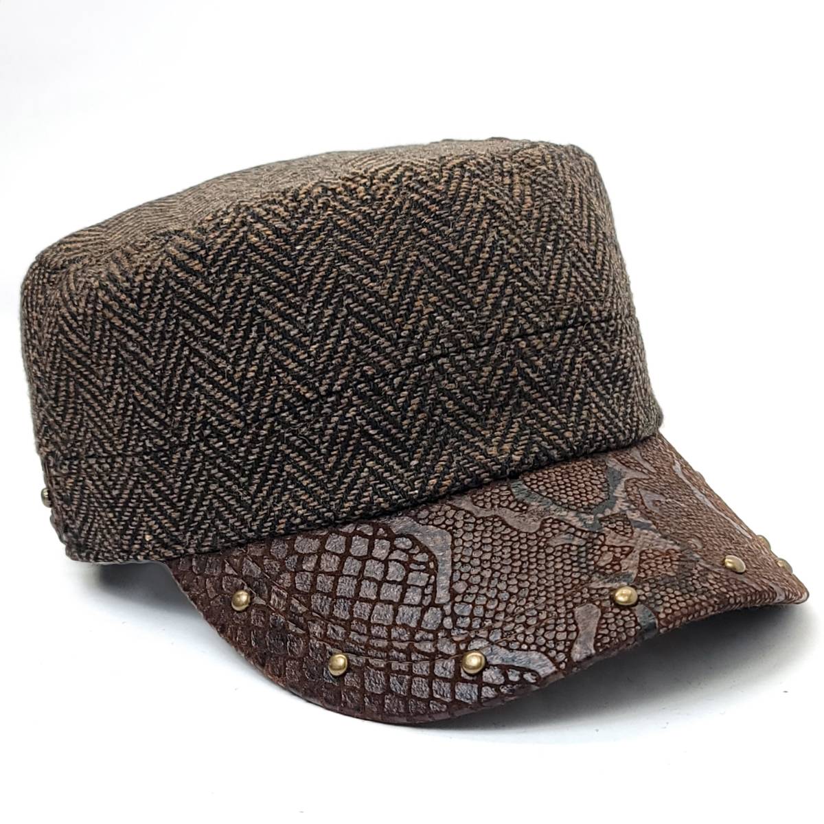 Cadet Cap - Herringbone, PU Leather Visor, BS3889, Black & Brown Brown OSFA Military Cap