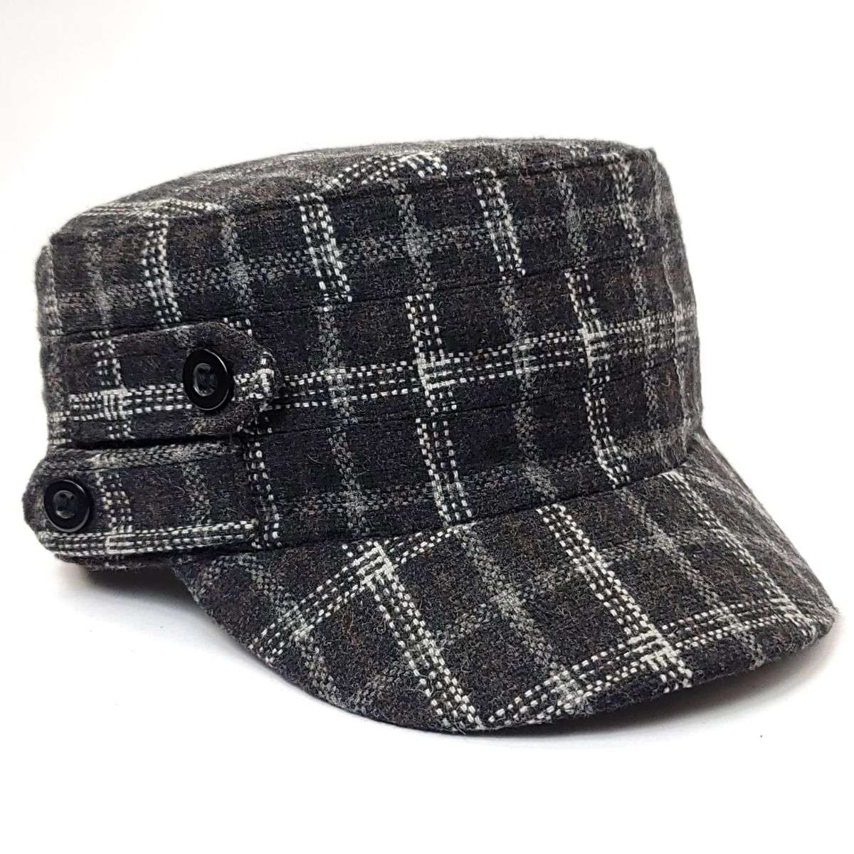 Cadet Cap - Plaid with Buttons, 19099, Multi-Coloured Black OSFA Military Cap