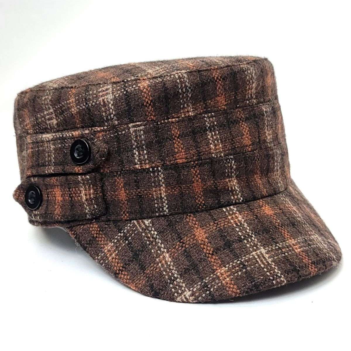 Cadet Cap - Plaid with Buttons, 19099, Multi-Coloured Brown OSFA Military Cap