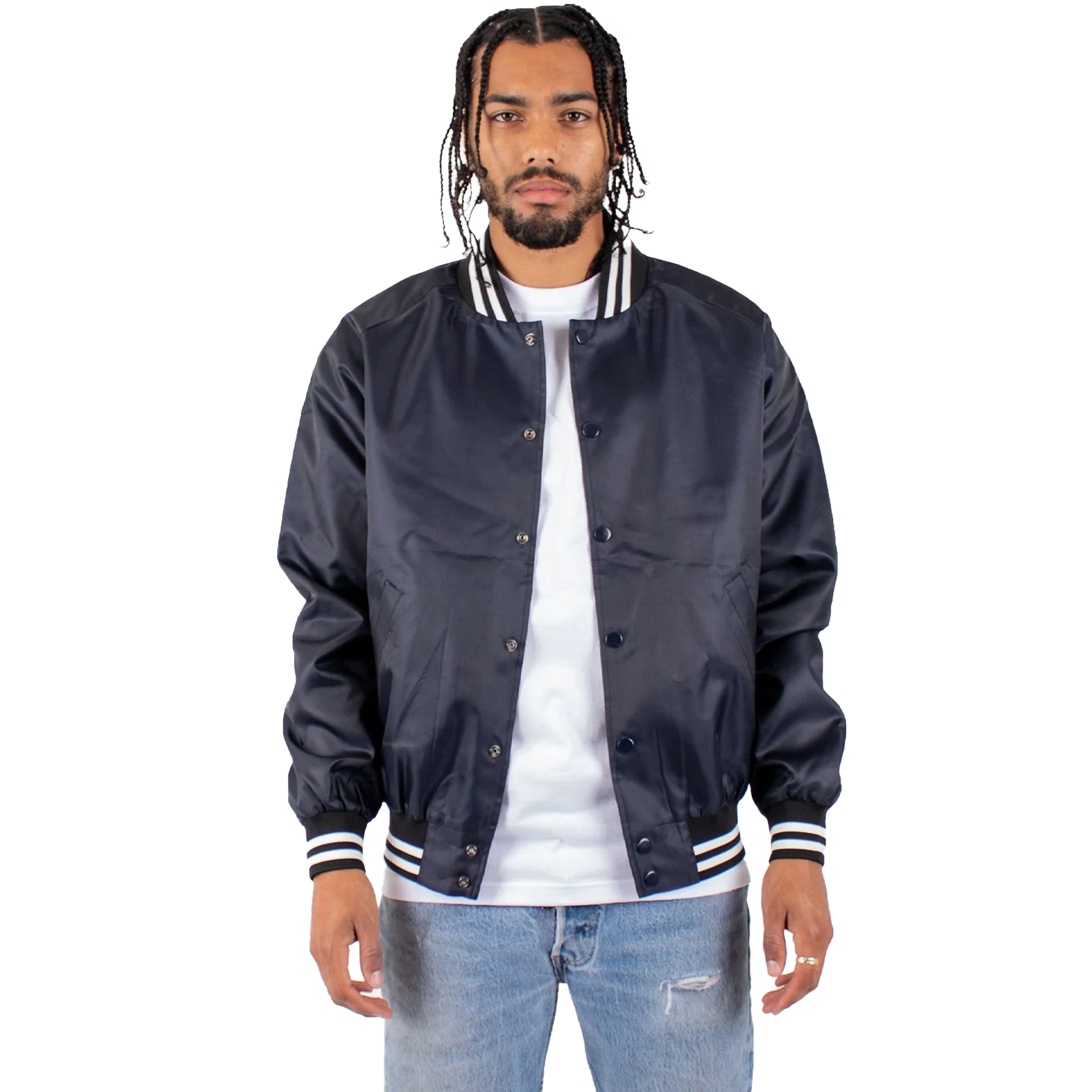 Varsity Bomber Jacket Navy Crop MEN NYLON OUTERWEAR POLYESTER Shaka Wear VARSITY