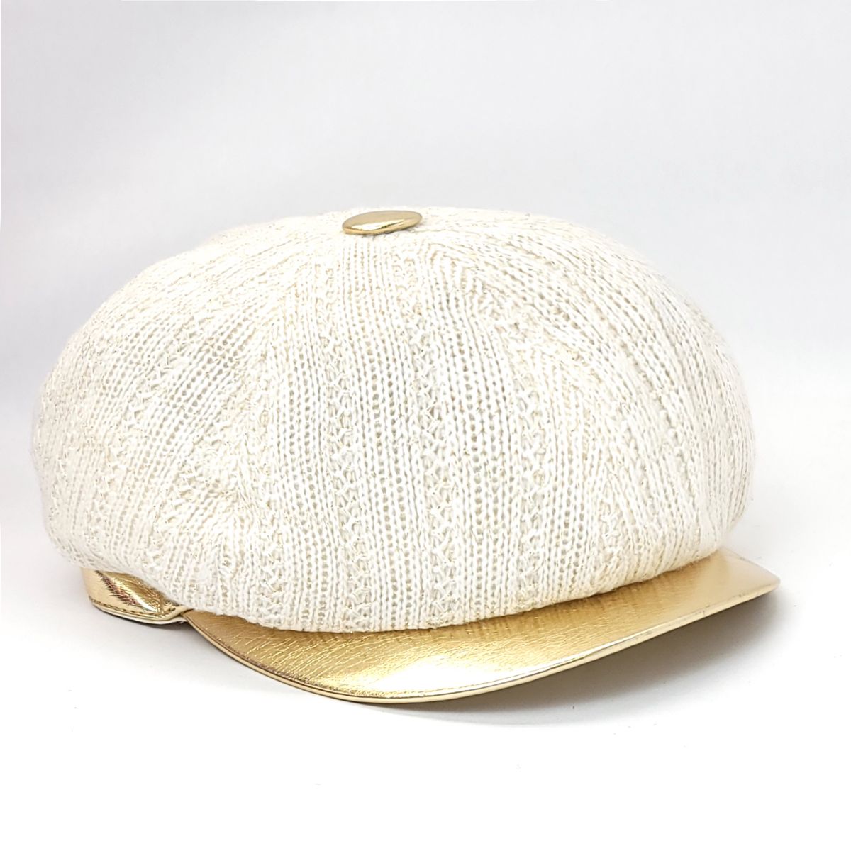 Newsboy Hat - Knitted, Glitter with Gold Visor, Multi-Coloured White OSFA Fashion Knit