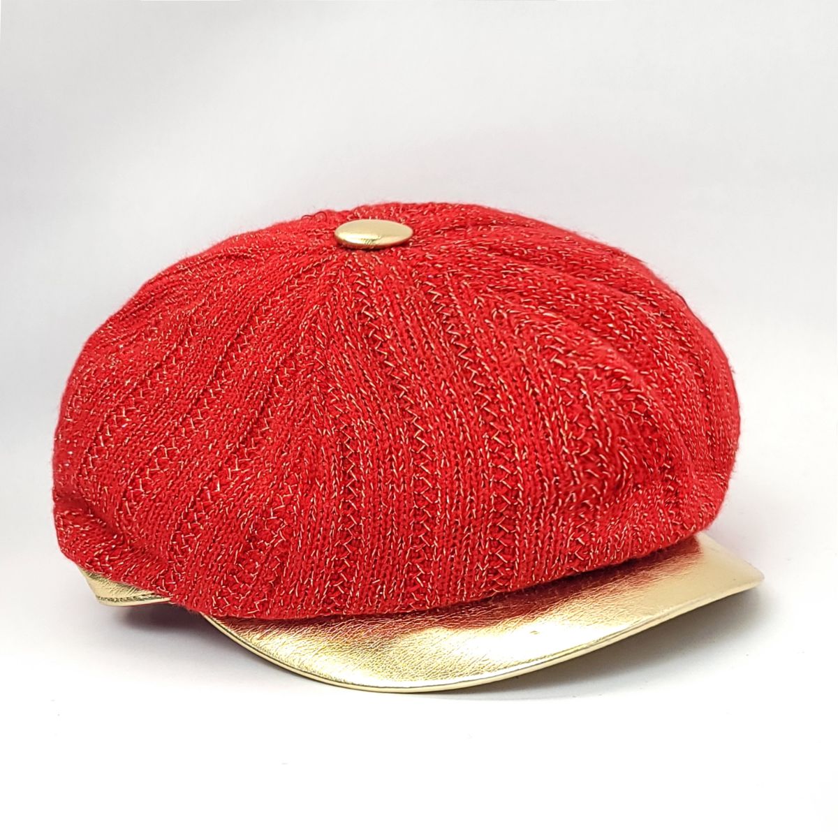 Newsboy Hat - Knitted, Glitter with Gold Visor, Multi-Coloured Red OSFA Fashion Knit