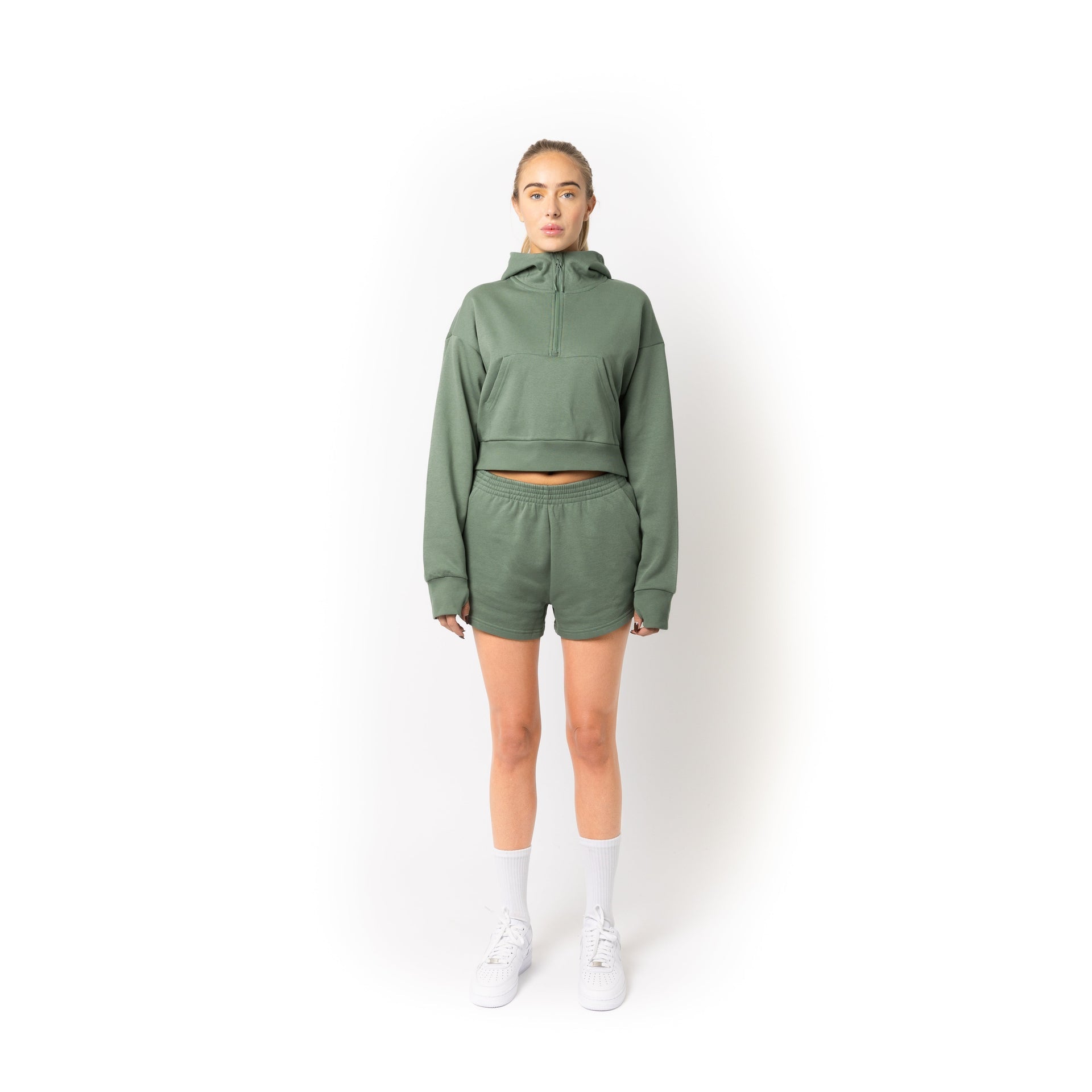 HERO-4220C Cropped Drop Shoulder Scuba 1/2 Zip Hoodie - Dusty Green 4220C Adult Black HERO Tops Unisex