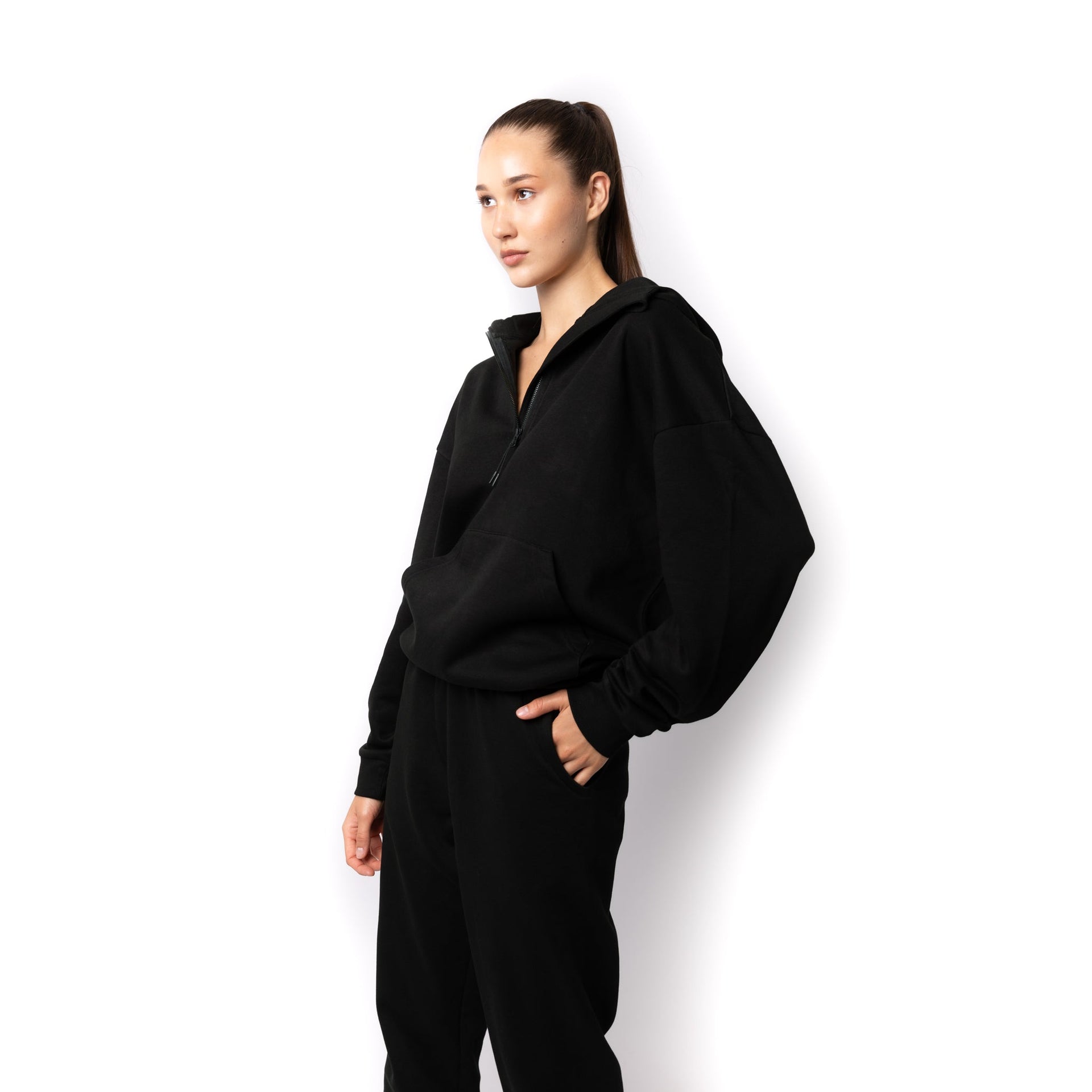 HERO-4220 Unisex Drop Shoulder Scuba 1/2 Zip Hoodie - Black 4220 Adult Black HERO Tops Unisex