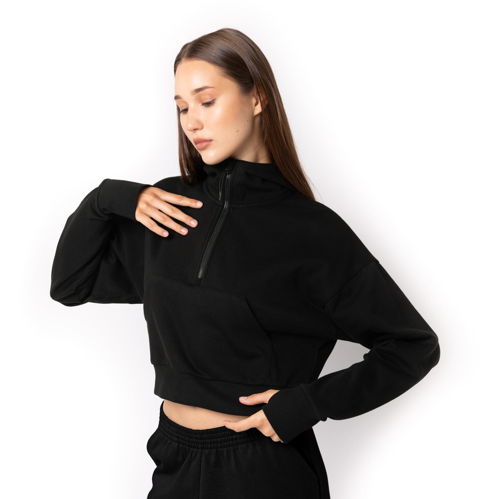 HERO-4220C Cropped Drop Shoulder Scuba 1/2 Zip Hoodie - Black 4220C Adult Black HERO Tops Unisex