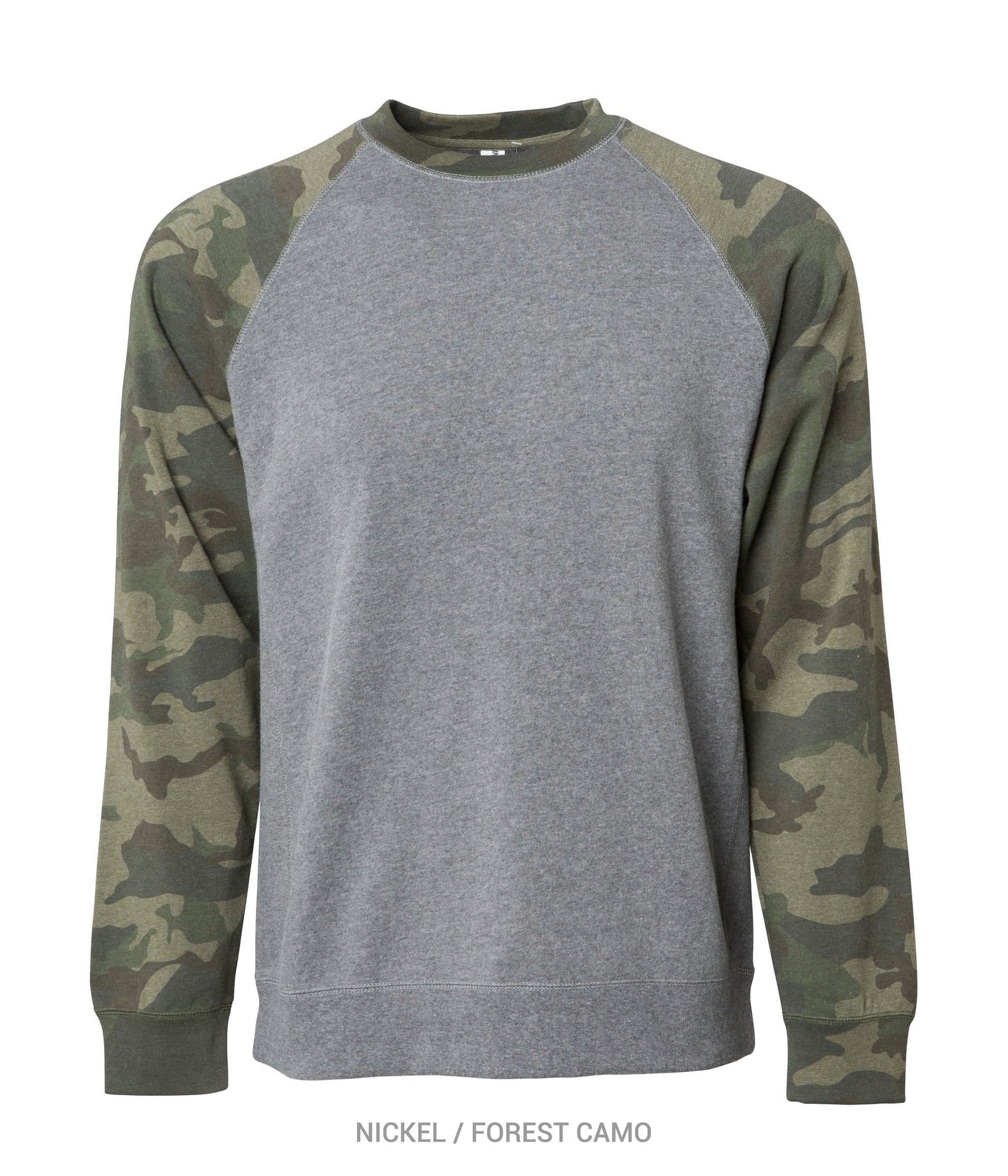 PRM30SBC - Unisex Special Blend Raglan Crew Nickel Forest Camo BASIC FLEECE COTTON / POLYESTER crew neck CREWS FITTED fleece INDEPENDENT PREMIUM PRM PRM30 pullover RAGLAN SPECIAL BLEND sweatshirt tearaway UNISEX
