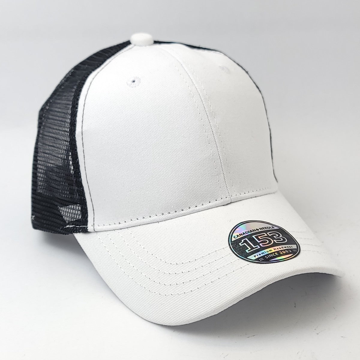 Trucker Cap - 153, Cotton Structured, Black Mesh, Adjustable OSFA Black & White 6 Panel Trucker Cap
