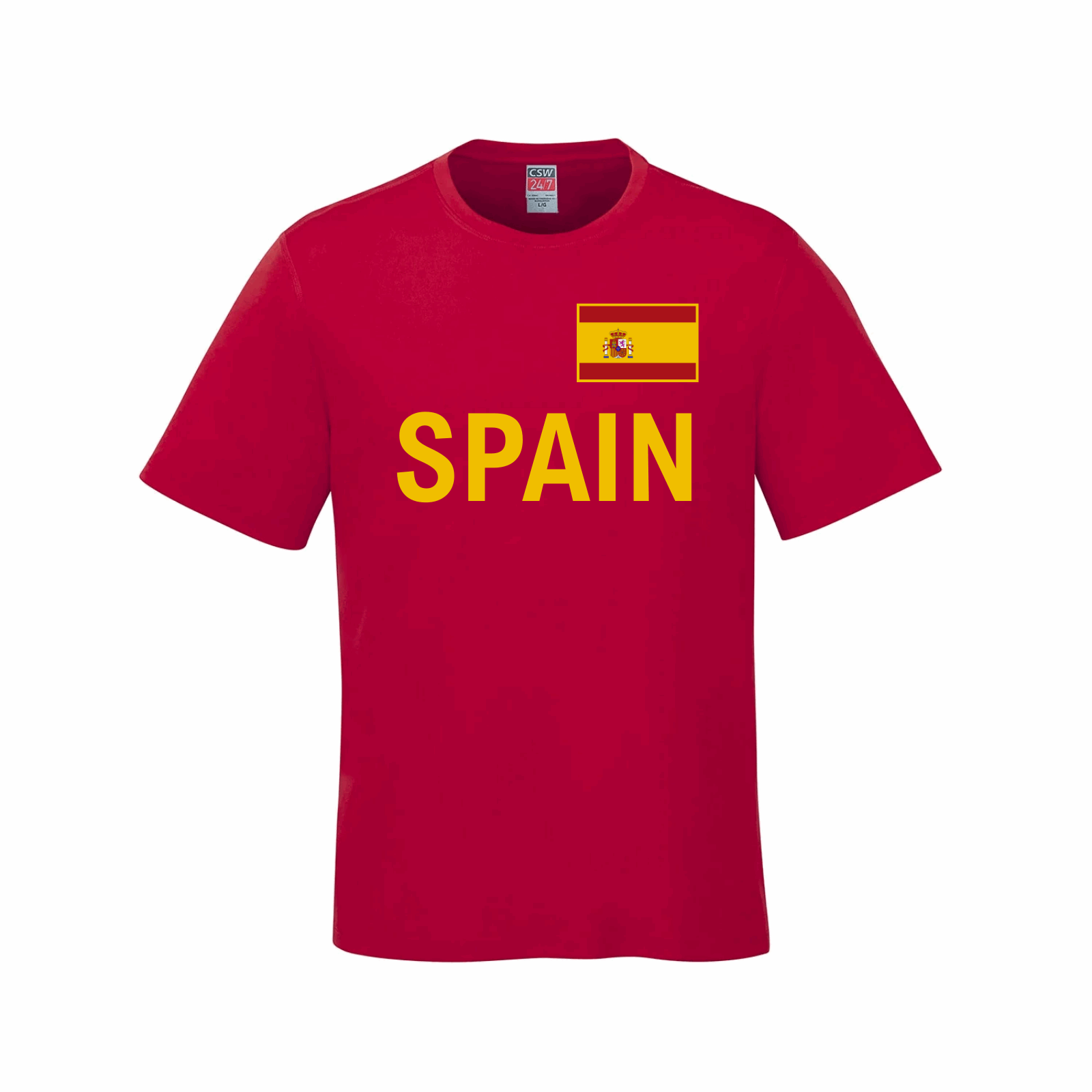 Spain World Football Fan Tee – Red football world fan apparel La Roja supporters gear red Spain t-shirt Spain football fan tee Spain national flag shirt Spain soccer shirt World Cup T-Shirts World football fan gear