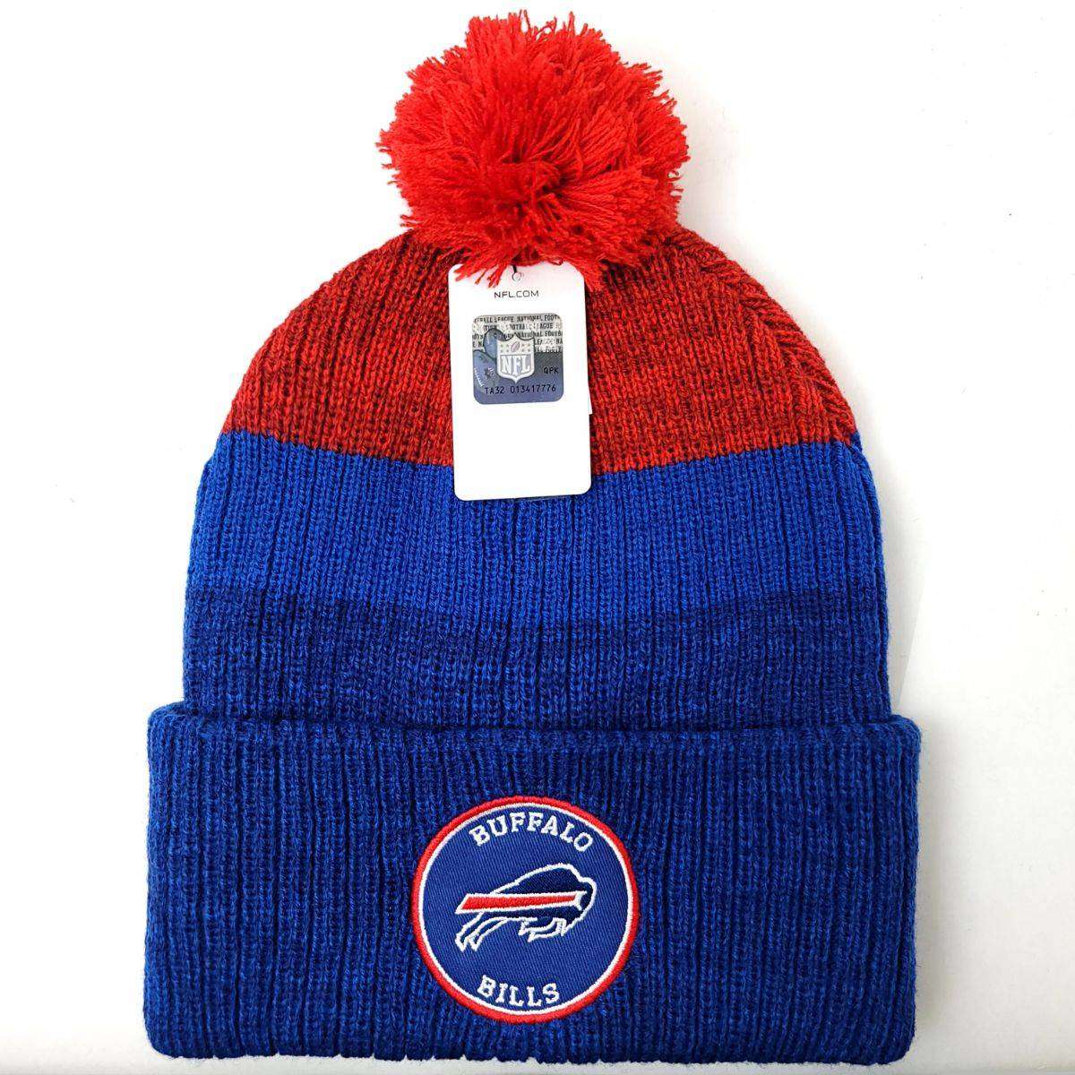 Buffalo Bills Pom Knit Toque - FZ, Royal with Red Stripes - Toronto Embroidery bulk orders custom decoration custom embroidery durable embroidery service fast turnaround long lasting premium quality professional embroidery professional grade toronto embroidery