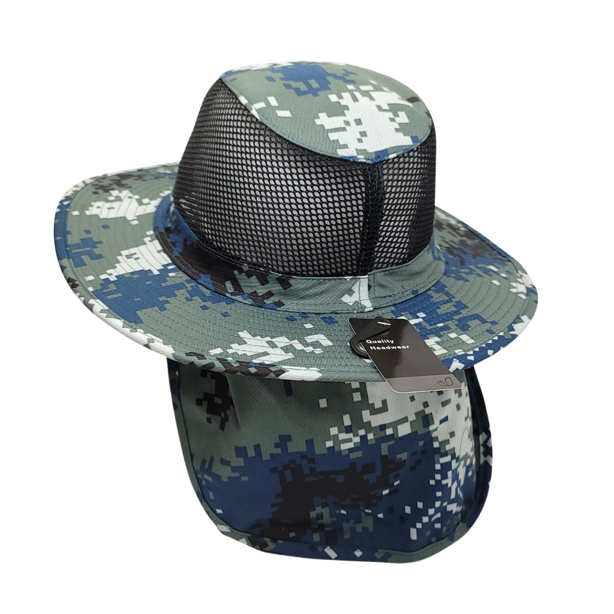 Safari Hat with Neck Cover, Mesh, Various Colours & Sizes Digital Blue Camo Dozen Special Summer Hat