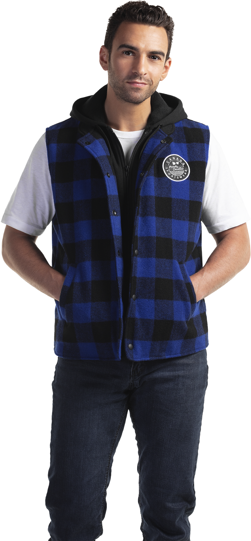 VT155 - Custom Wool plaid vest with fleece fooler & hood