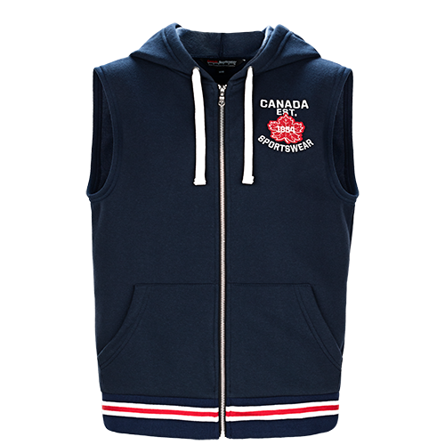 VT156 - Custom Solid vest with hood, zip front closure & striped rib knit waist band