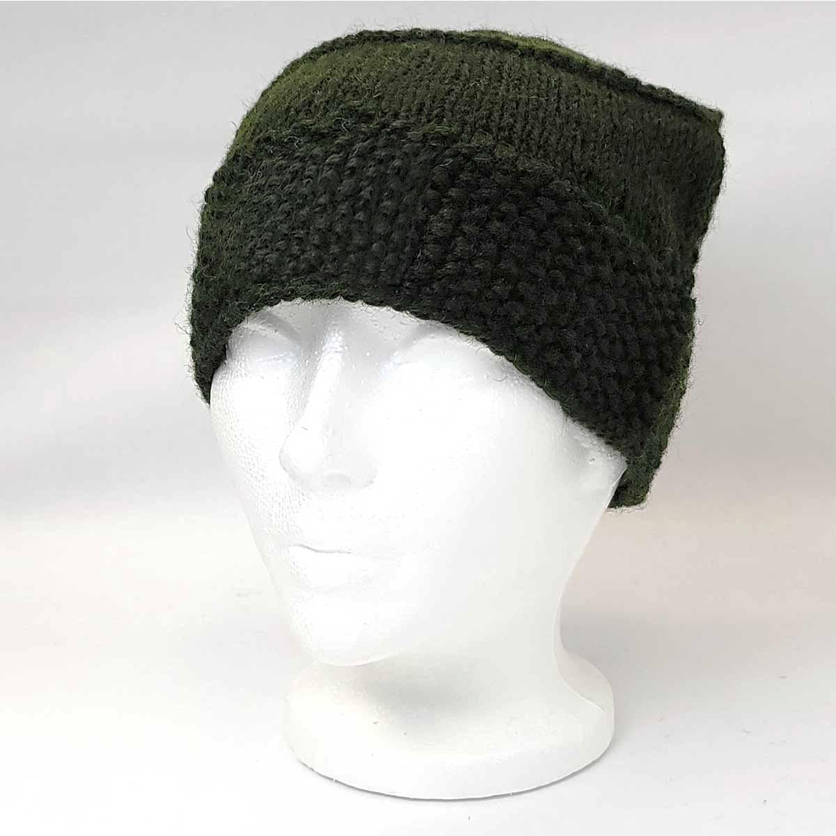 Wool Knit Beanie - Hand Made, Olive & Black, No Cuff Olive OSFA Dozen Special Wool Knit
