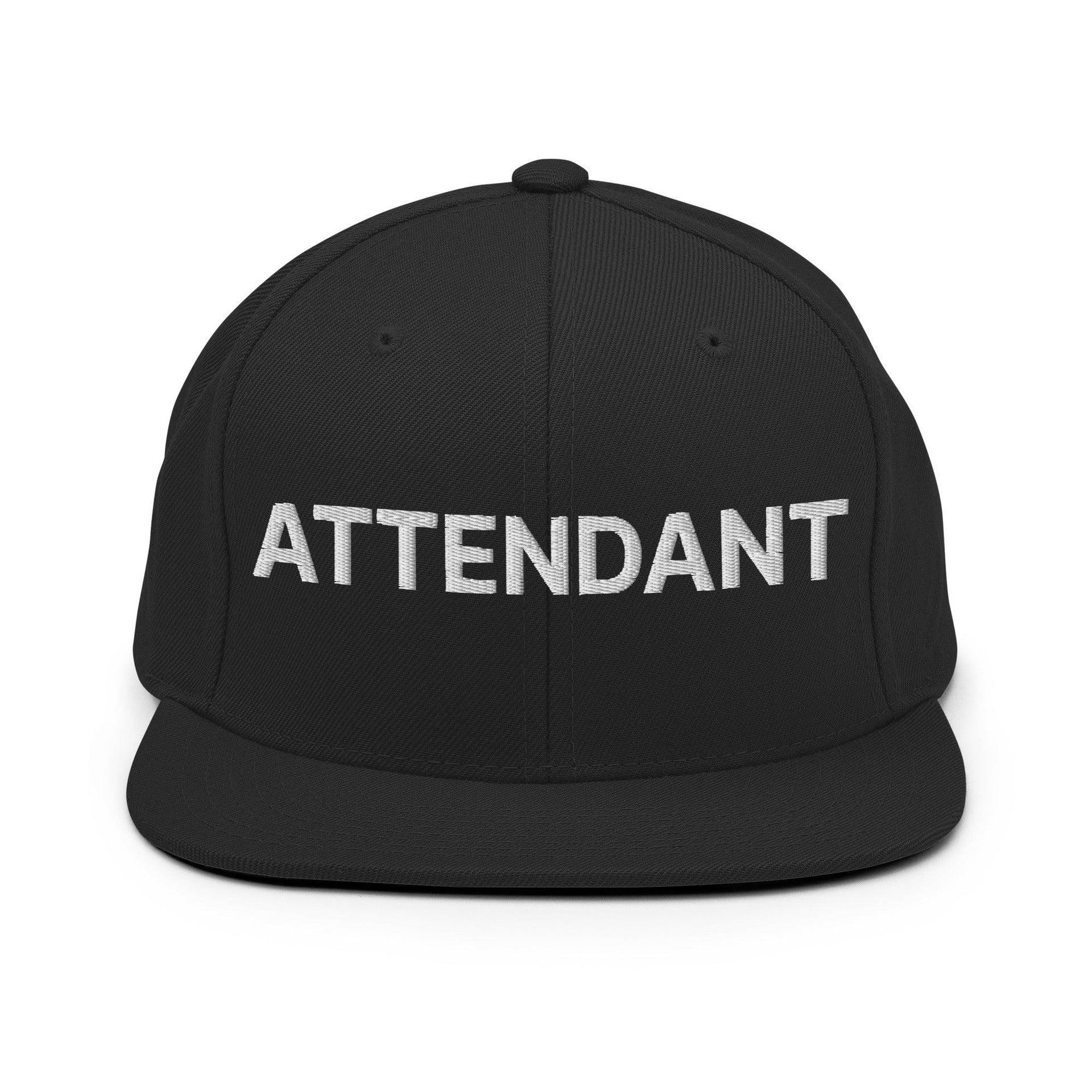 Attendant Uniform Work Embroidered Flat Bill Brim Snapback Hat - Toronto Embroidery Black baseball cap bulk orders capital crowns custom caps custom decoration custom embroidery embroidered hats embroidery service fast turnaround headwear professional embroidery snapback hats toronto embroidery trucker hat work