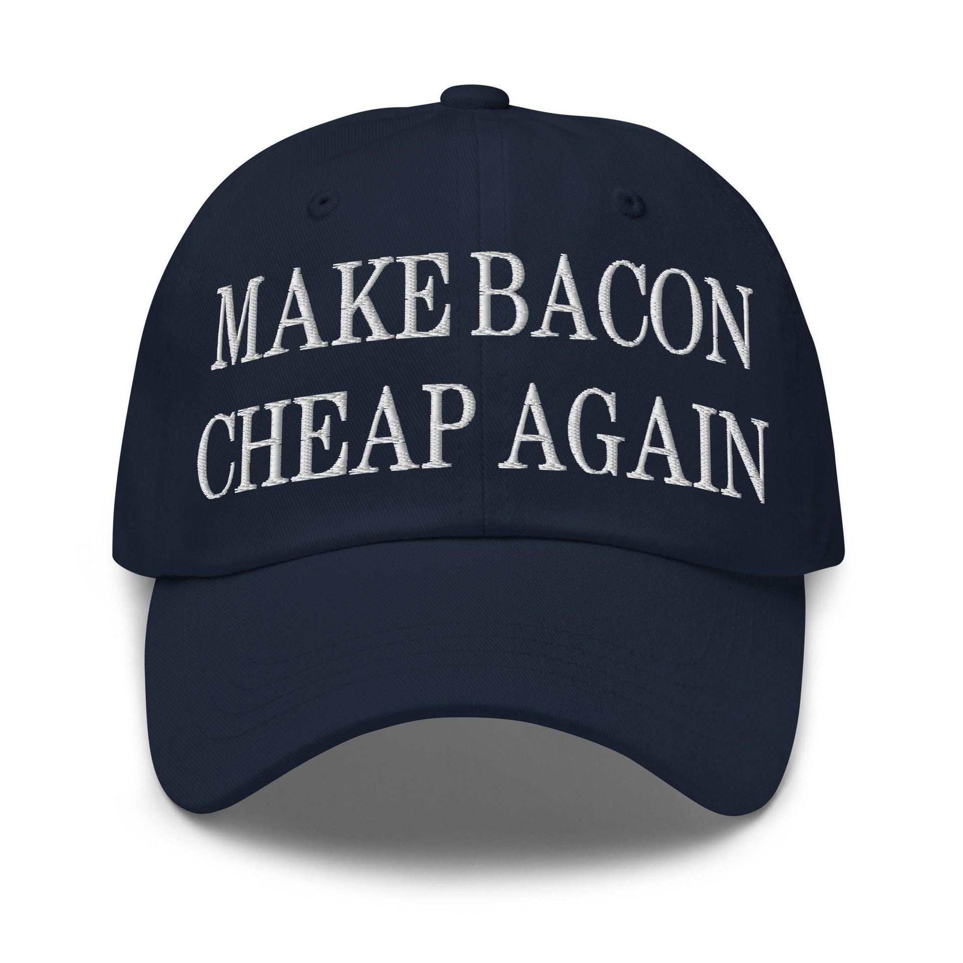 Bacon it again hat: toronto custom apparel souvenir baih01 - Toronto Embroidery Navy baseball cap bulk orders capital crowns capital crowns designs custom caps custom decoration custom embroidery dad hats durable embroidered hats embroidery service fast turnaround headwear long lasting make again premium quality professional embroidery professional grade toronto embroidery trucker hat