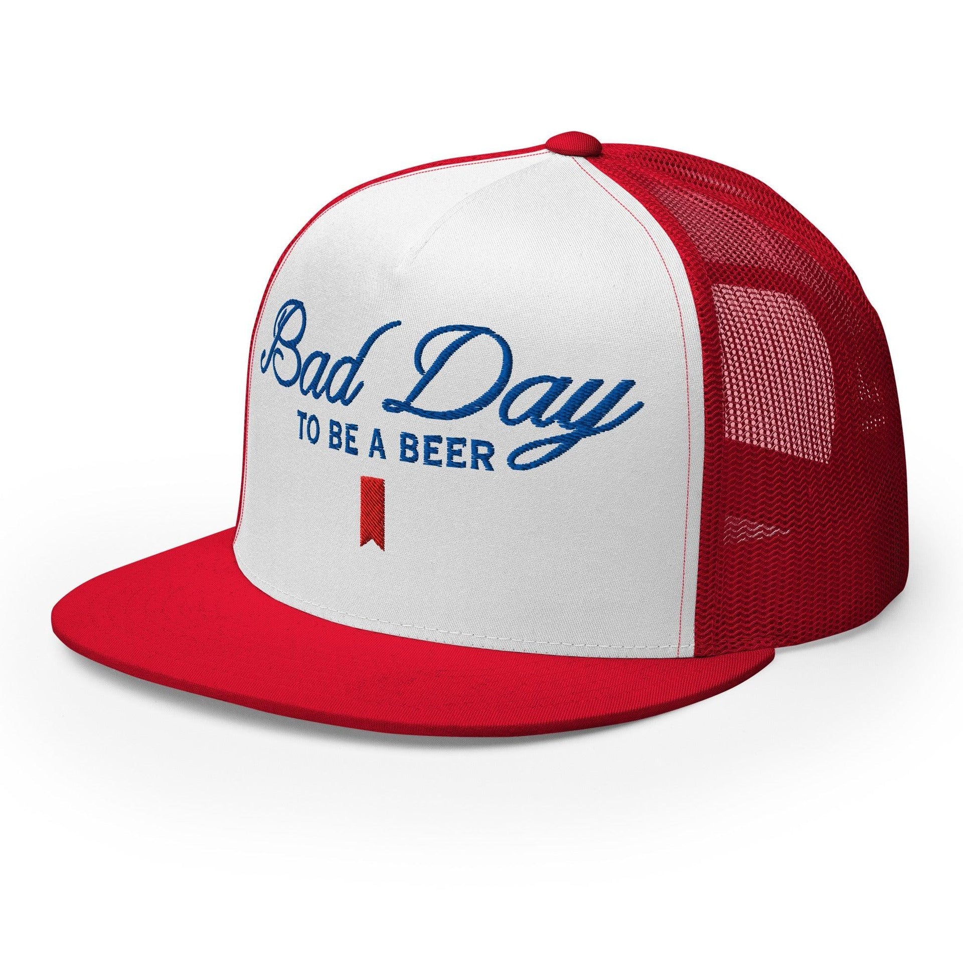 Premium Bad Day to be a Beer Embroidered Flat Bill Brim Mesh Trucker Hat | Custom Embroidery Available - Fast Turnaround Capital Crowns Funny Trucker Hats
