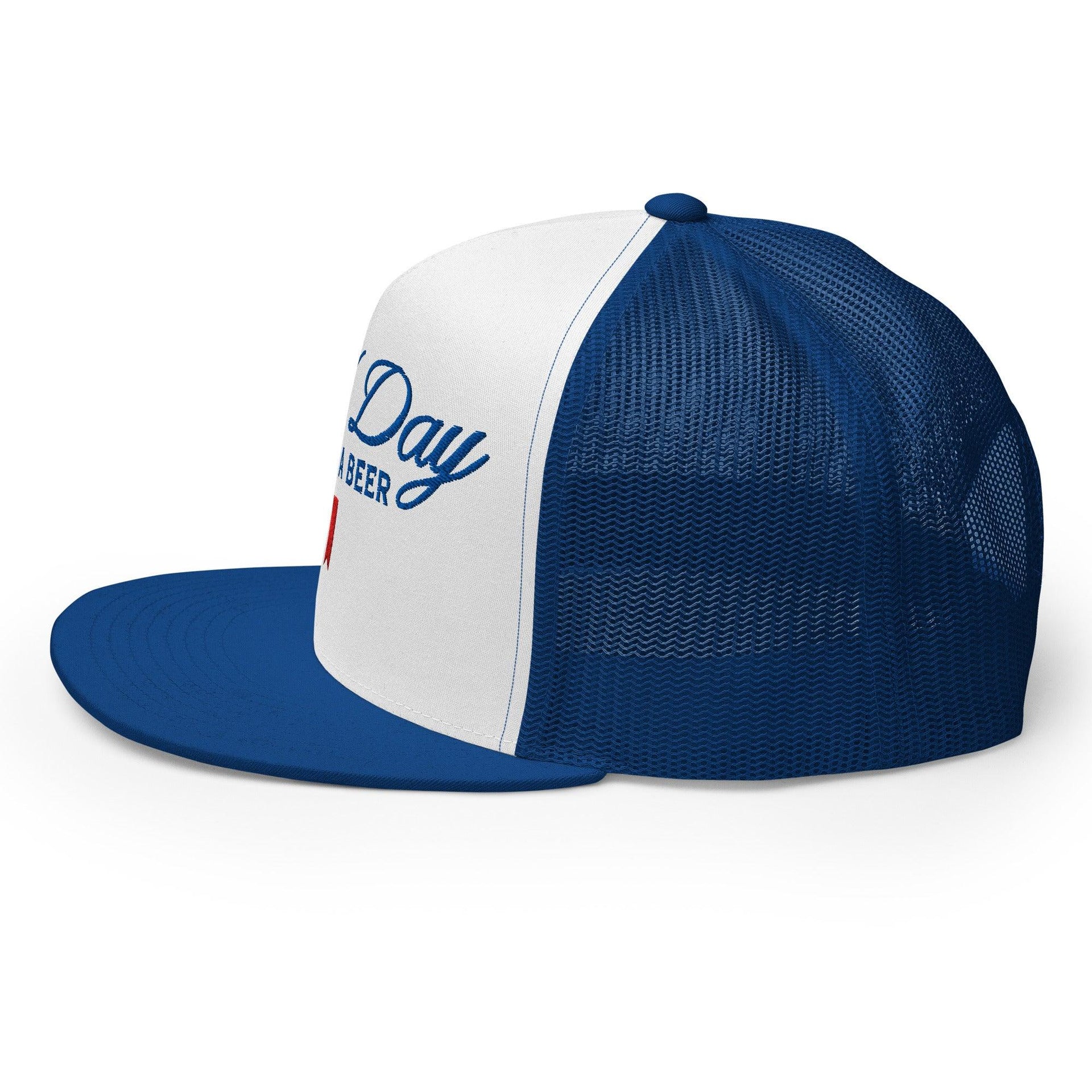 Premium Bad Day to be a Beer Embroidered Flat Bill Brim Mesh Trucker Hat | Custom Embroidery Available - Fast Turnaround Capital Crowns Funny Trucker Hats