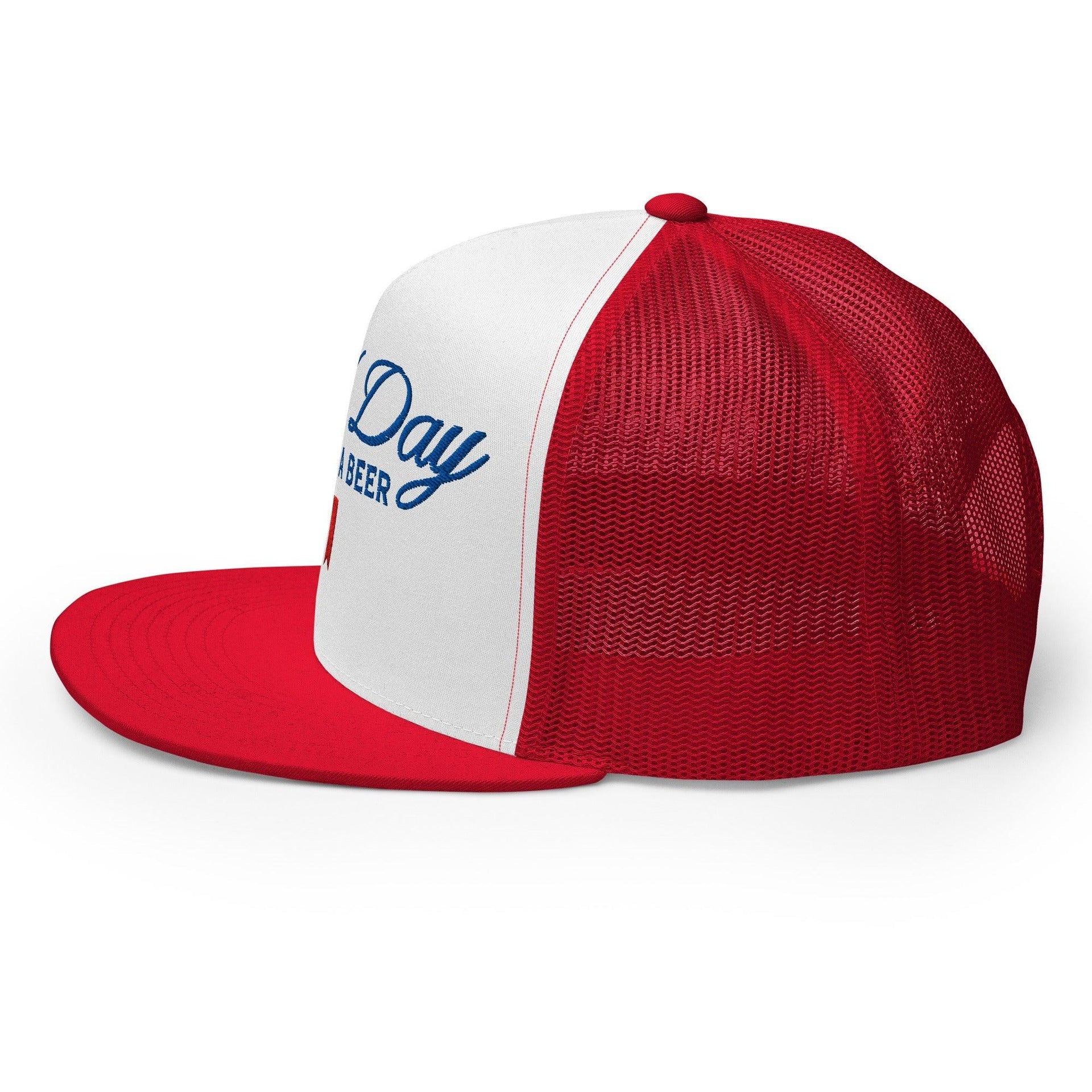Premium Bad Day to be a Beer Embroidered Flat Bill Brim Mesh Trucker Hat | Custom Embroidery Available - Fast Turnaround Capital Crowns Funny Trucker Hats