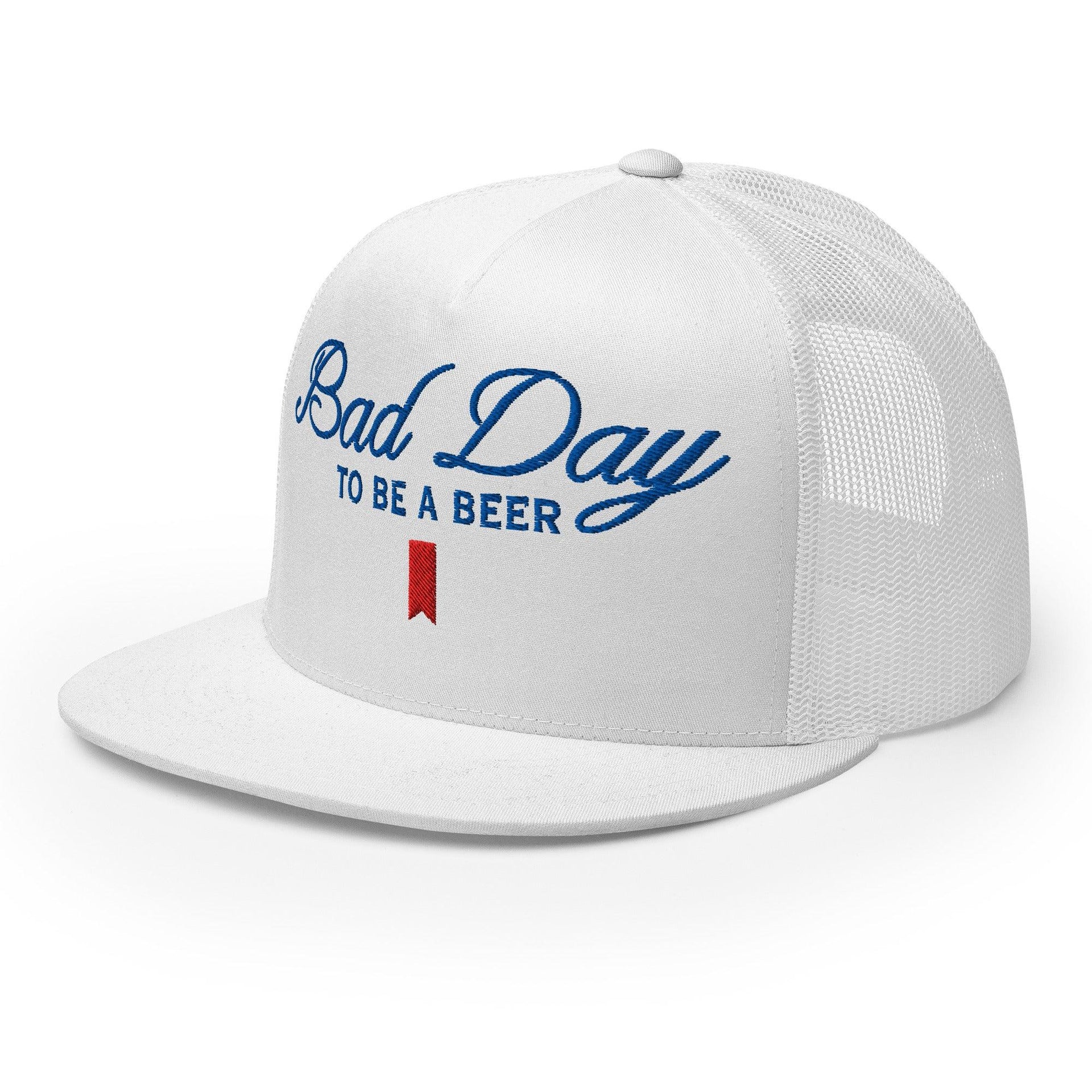 Premium Bad Day to be a Beer Embroidered Flat Bill Brim Mesh Trucker Hat | Custom Embroidery Available - Fast Turnaround Capital Crowns Funny Trucker Hats