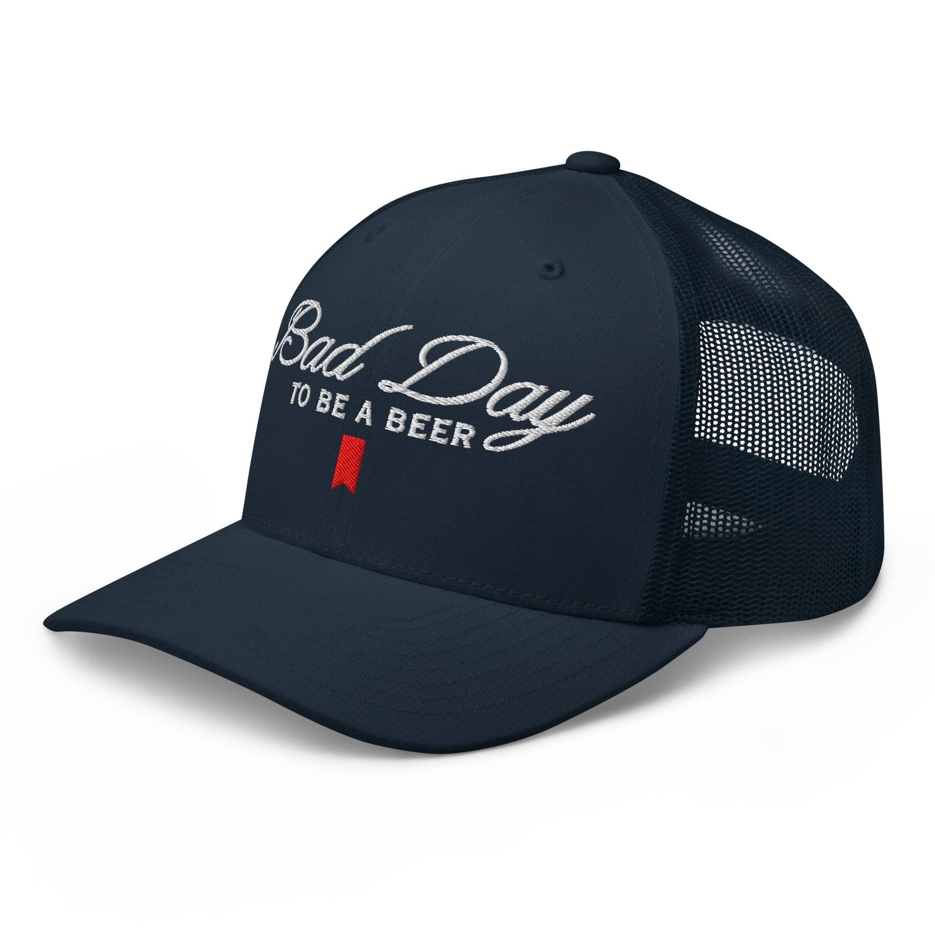 Bad Day to be a Beer Embroidered Mesh Trucker Hat Blue - Toronto Embroidery baseball cap bulk orders capital crowns custom caps custom decoration custom embroidery embroidered hats embroidery service fast turnaround funny headwear professional embroidery toronto embroidery trucker hat trucker hats