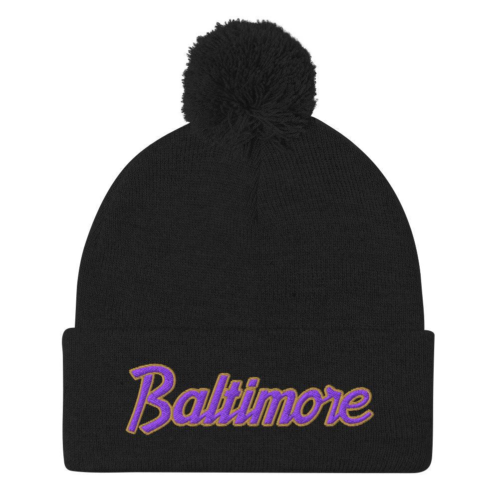 Baltimore Football Vintage Sports Script Knit Pom Pom Beanie - Toronto Embroidery Default Title baltimore beanies bulk orders capital crowns cold weather custom beanies custom decoration custom embroidery embroidered beanies embroidery service fast turnaround football md professional embroidery toronto embroidery winter wear