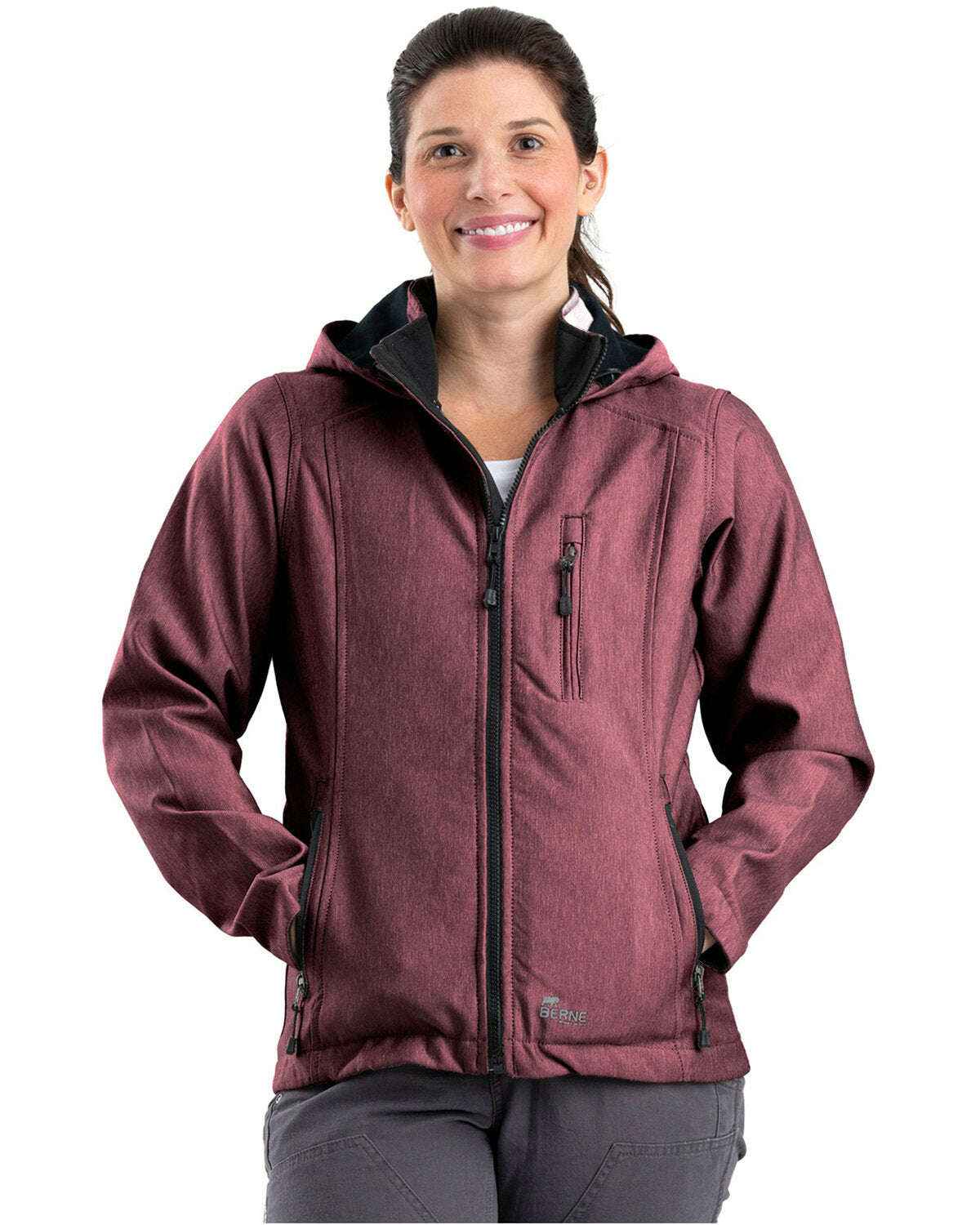 Berne Ladies Hooded Softshell Jacket WJS301 - Stylish and Functional Outerwear MAROON Berne Ladies Hooded Softshell Jacket Functional Jacket Hooded Jacket Lightweight Jacket Stylish Outerwear Weather Resistant Jacket WJS301 Women's Softshell Jacket