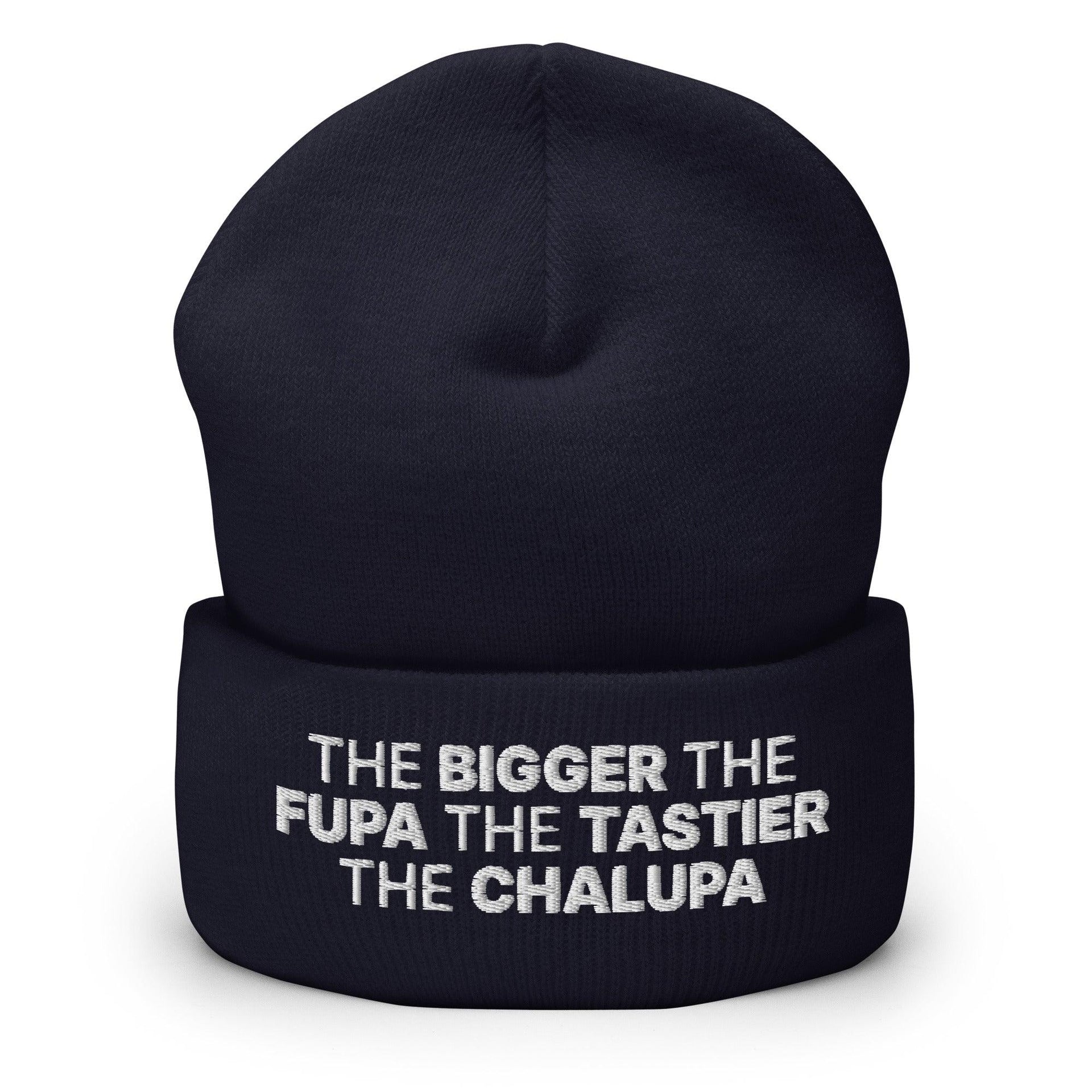 The Bigger the Fupa the Tastier the Chalupa Embroidered Knit Cuffed Beanie Navy Beanies Capital Crowns Funny