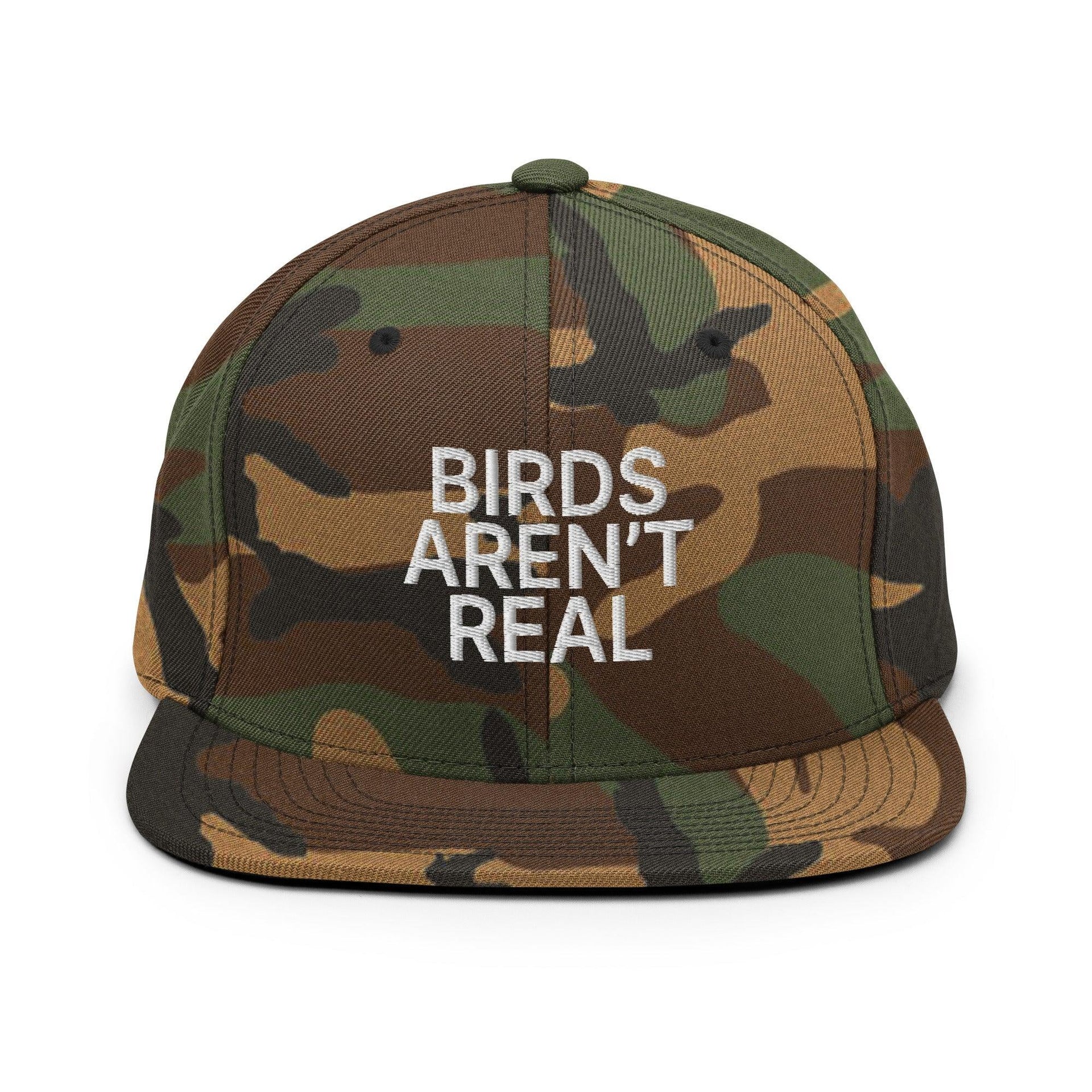 Birds Aren't Real Embroidered Flat Bill Brim Snapback Hat Green Camo Capital Crowns Funny Snapback Hats