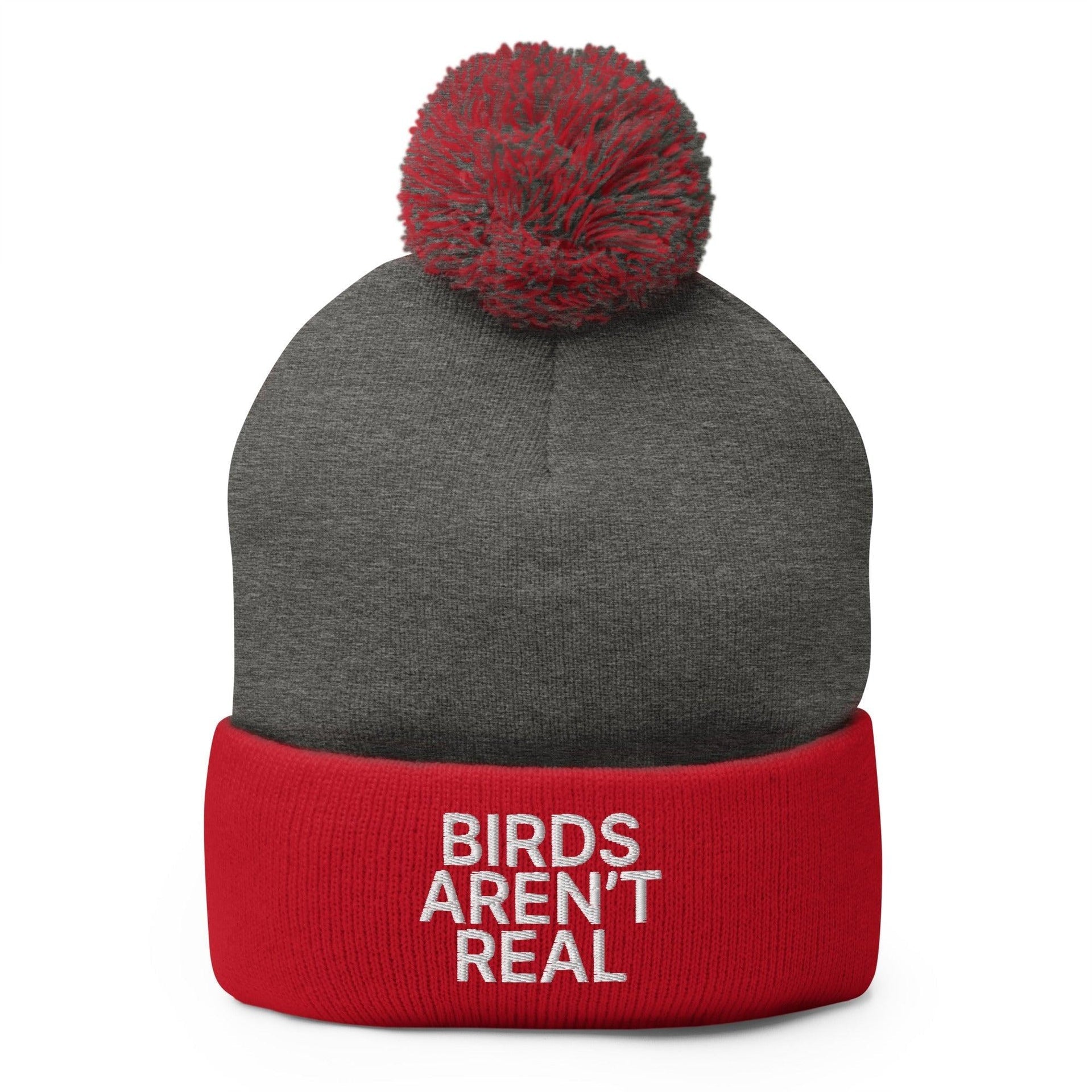 Birds Aren't Real Embroidered Knit Pom Pom Beanie Dark Heather Grey Red Beanies Capital Crowns Funny
