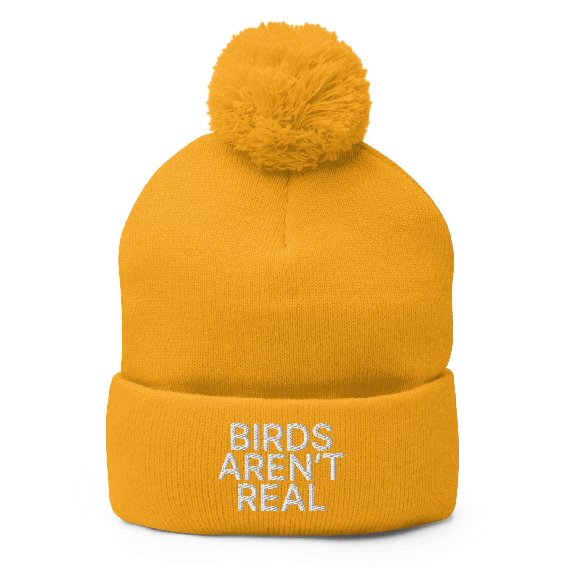 Birds Aren't Real Embroidered Knit Pom Pom Beanie Gold Beanies Capital Crowns Funny