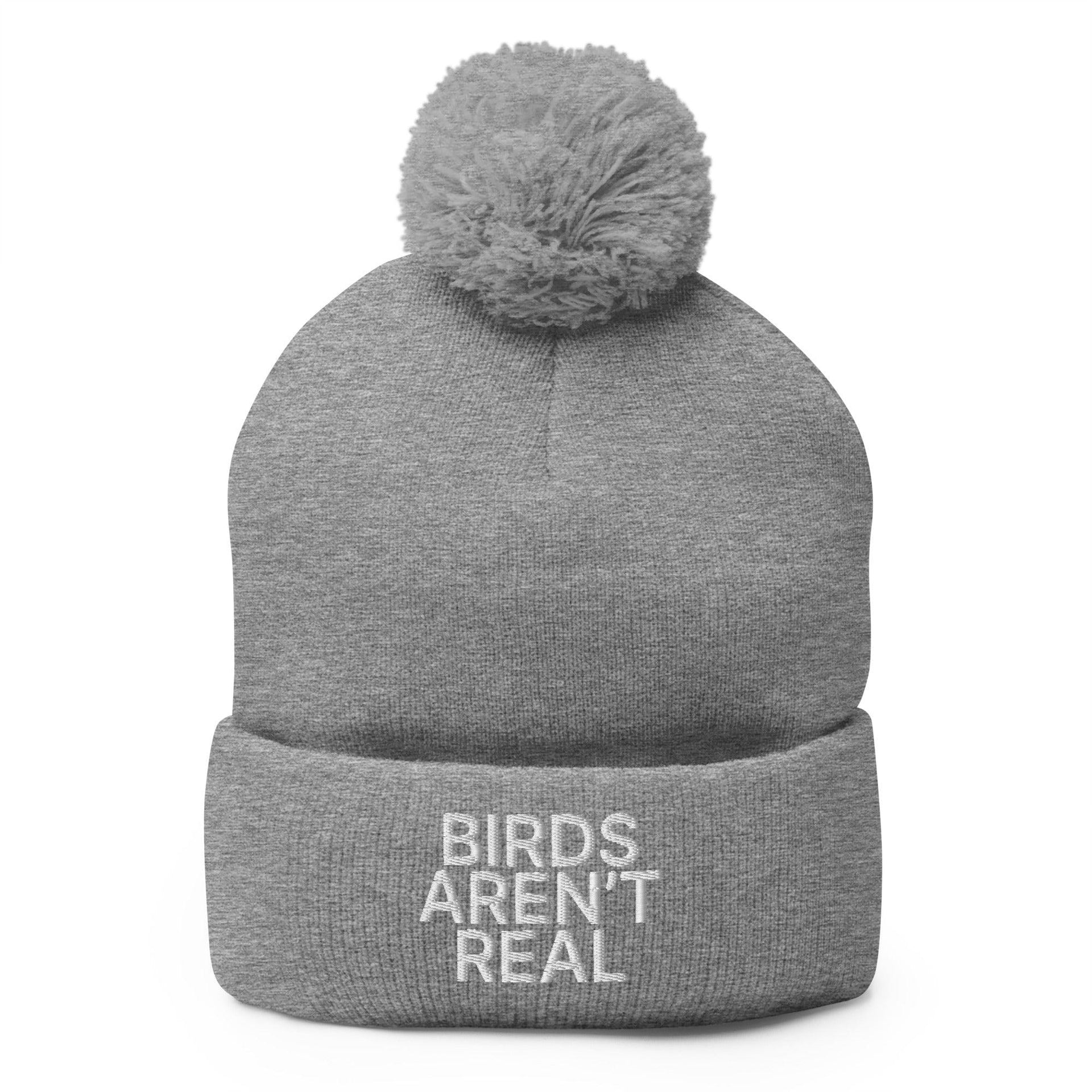 Birds Aren't Real Embroidered Knit Pom Pom Beanie Heather Grey Beanies Capital Crowns Funny