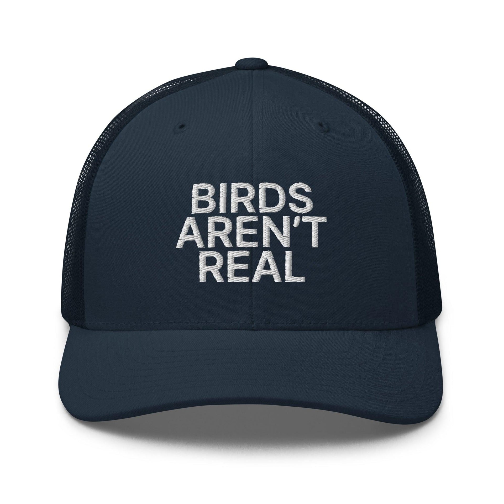 Birds Aren't Real Embroidered Mesh Trucker Hat Navy Capital Crowns Funny Trucker Hats